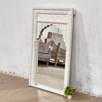 Handmade Indian Wooden Wall Mirror Frame - Intricate Carved Design, White Finish, 70x7x120cm - Perfect for Living Room, Bedroom & Entryway Decor