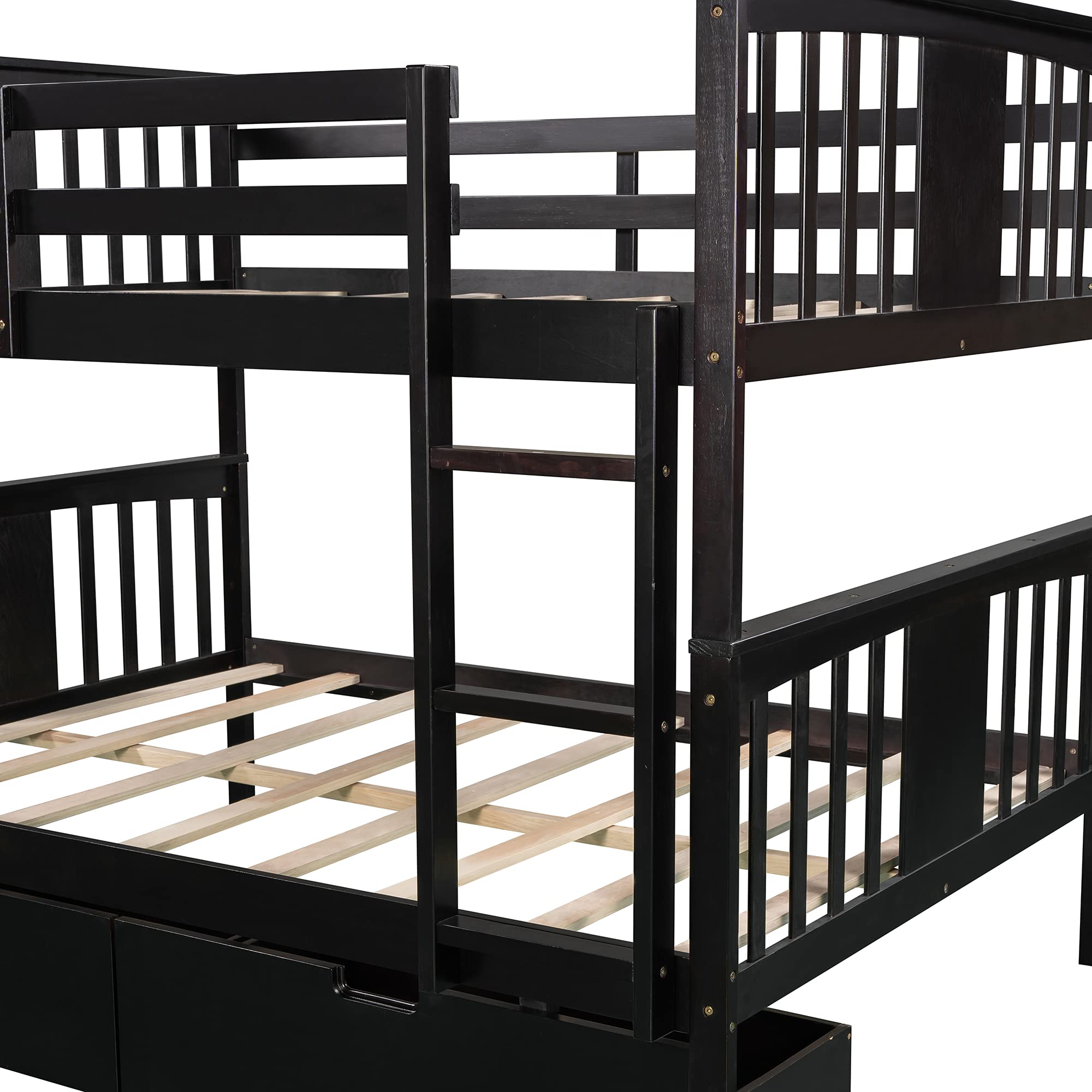 Full Over Full Bunk Bed with Storage Drawers & Safety Rail - Sturdy Wood Bunk Bed for Adults, Kids, Teens - No Box Spring Needed (Espresso Finish) - Perfect for Small Bedrooms, Guest Rooms & Vacation Homes