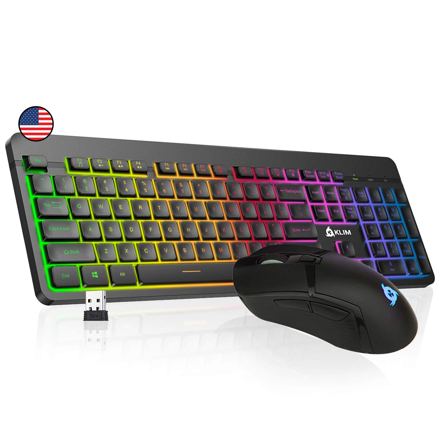 KLIM Tandem Wireless Gaming Keyboard and Mouse Combo - Slim Ergonomic Design with RGB Backlit Keys | Durable Construction & Long-Lasting Built-in Battery | Perfect for PC Gaming, Office Work & Home Use (Renewed, Black)