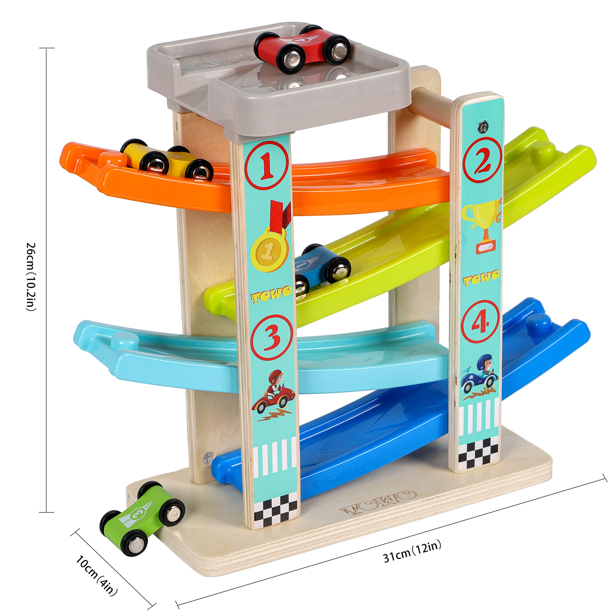 TOWO Wooden Car Ramp Toy Set - Zig Zag Race Track with 4 Wooden Cars & Parking Garage - Click Clack Racer for Toddlers - Educational STEM Toys for Boys Girls Ages 2 3 4 - Perfect for Indoor Play, Birthday Gifts & Preschool Learning Activities