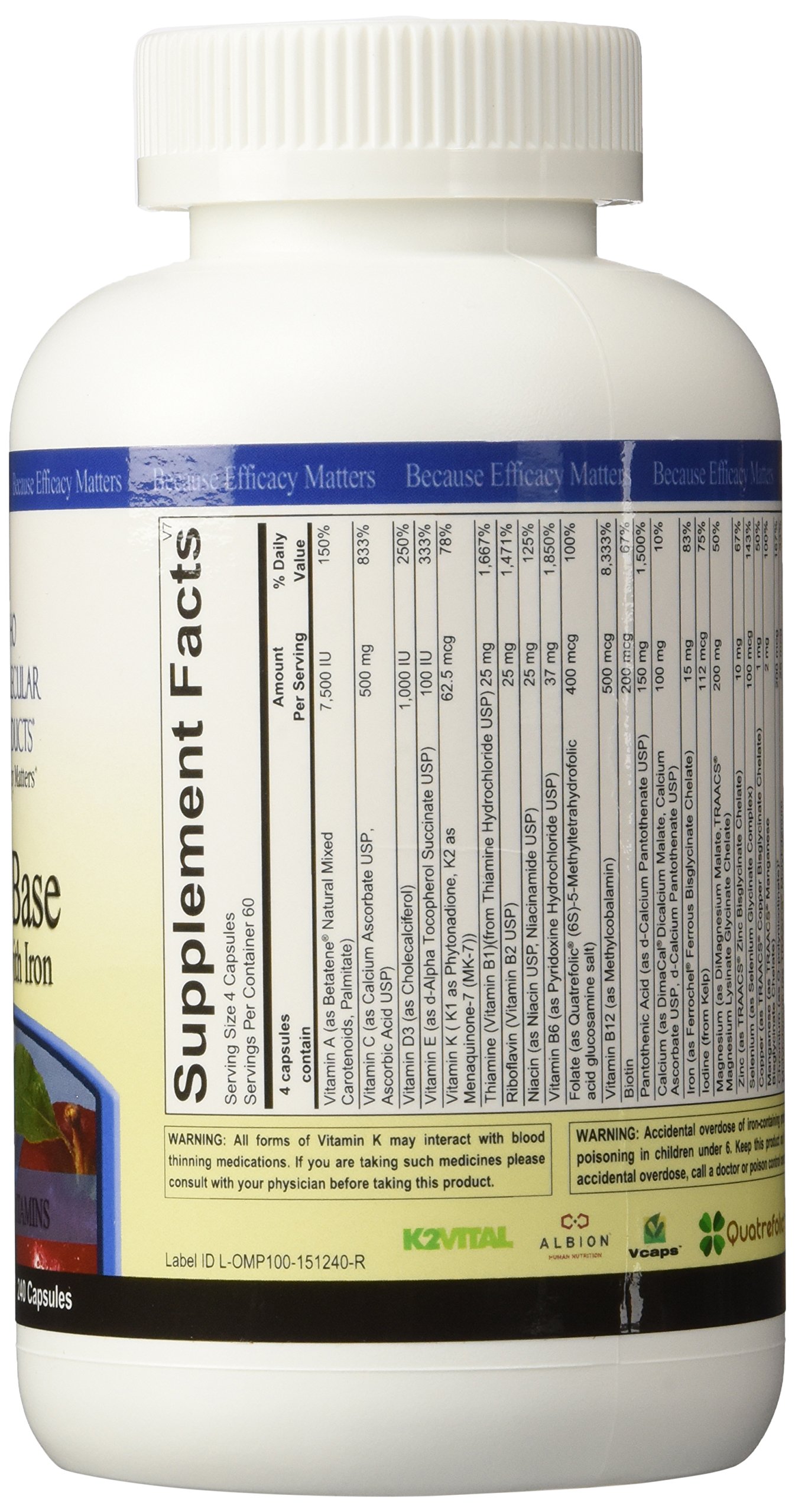 Ortho Molecular Products Alpha Base Multivitamin Capsules with Iron - 240 Count for Daily Energy & Immune Support - Perfect for Active Lifestyles & Nutritional Supplementation