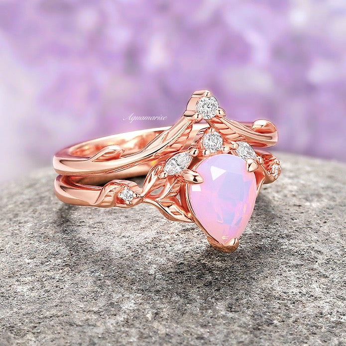 Opalescent Pink Sapphire Engagement Ring Set - 14K Rose Gold Vermeil Wedding Band for Women | Perfect for Proposals, Anniversaries & Bridal Jewelry