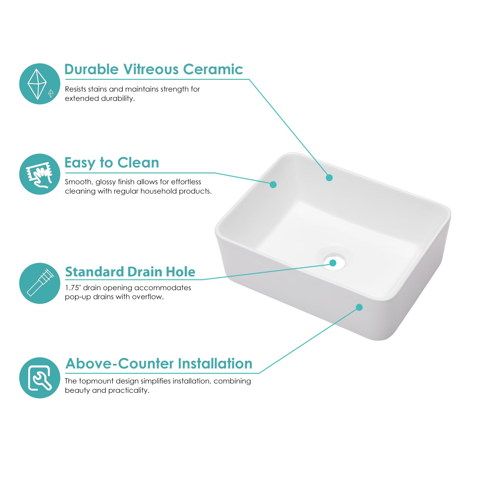 Modern White Porcelain Rectangular Vessel Sink - 16