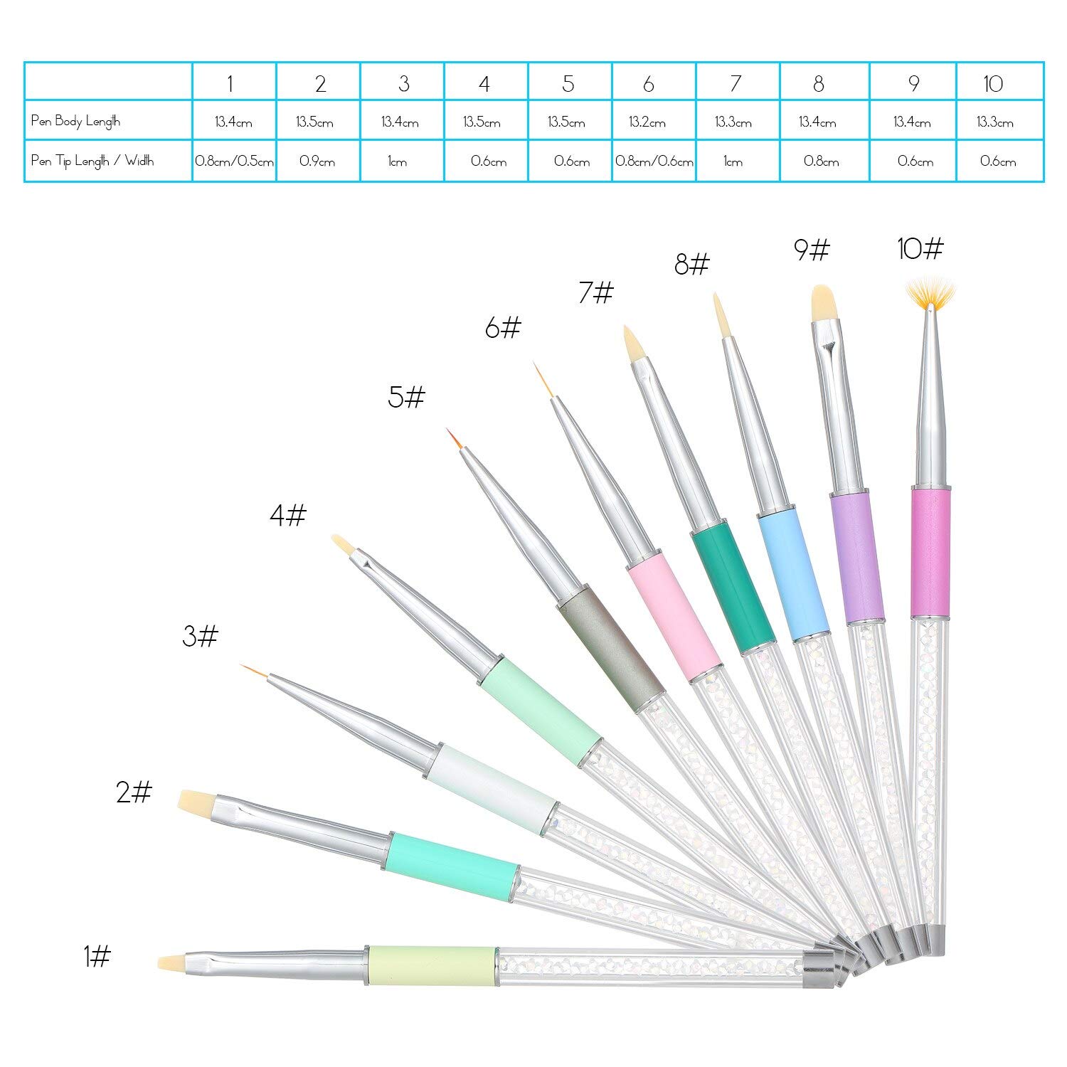 10PCS Professional Nail Art Brush Set with Rhinestone Metal Handles - Acrylic UV Gel Nail Brushes for Painting, Drawing, Lining & Carving - Perfect for Salon, Home Manicure & DIY Nail Art Designs