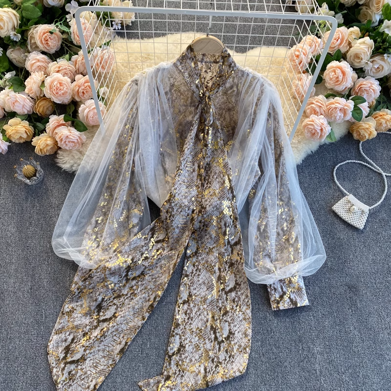 Retro Snakeskin Print Mesh Lantern Sleeve Blouse for Women - Vintage Style Party Top - Perfect for Night Out, Date Night & Special Occasions