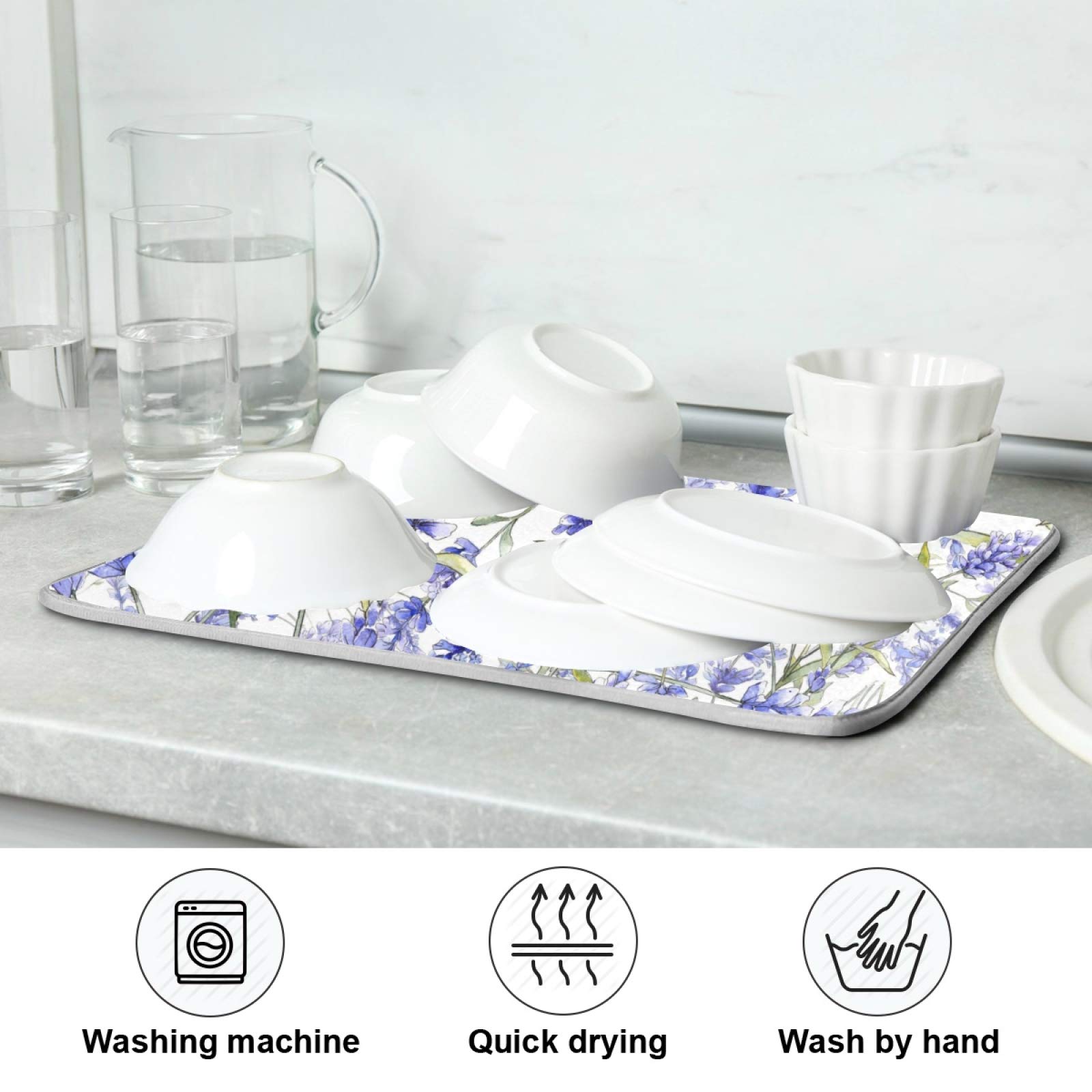 ALAZA Purple Violet Lavender Flowers Dish Drying Mat - Absorbent Microfiber Kitchen Countertop Pad (18x24 Inch) for Dishes, Utensils & Cookware - Perfect for Kitchen, Dining Room & RV Use
