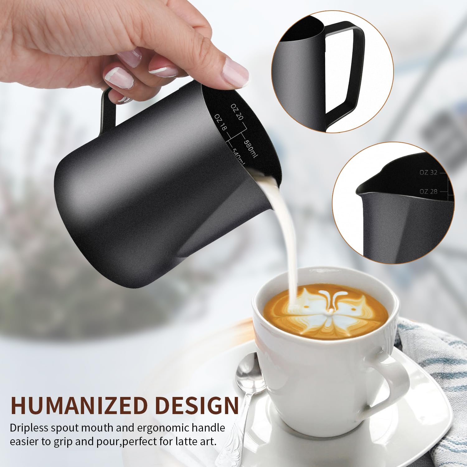 Premium 20OZ/600ML Stainless Steel Milk Frothing Pitcher for Espresso Machine - Barista Grade Coffee Milk Frother Cup with Latte Art Pen for Perfect Cappuccino & Latte at Home or Cafe