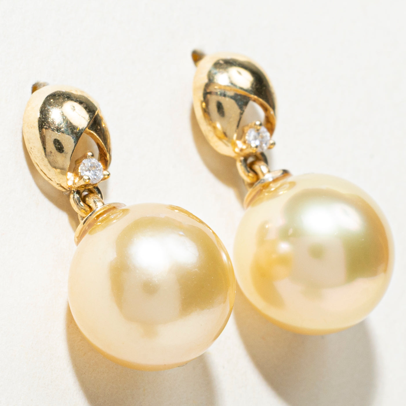 Exquisite South Sea Golden Pearl & Diamond Drop Earrings | 0.04ctw | Elegant Jewelry for Weddings, Parties & Special Occasions