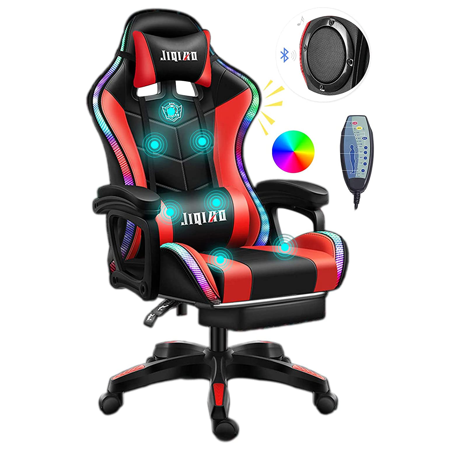 FXXXYSH Ergonomic LED Gaming Chair with Massage Lumbar Support, Retractable Footrest & Bluetooth Speaker - Adjustable Racing Computer Chair for PC Gamers - Perfect for Esports, Streaming & Home Office Setup