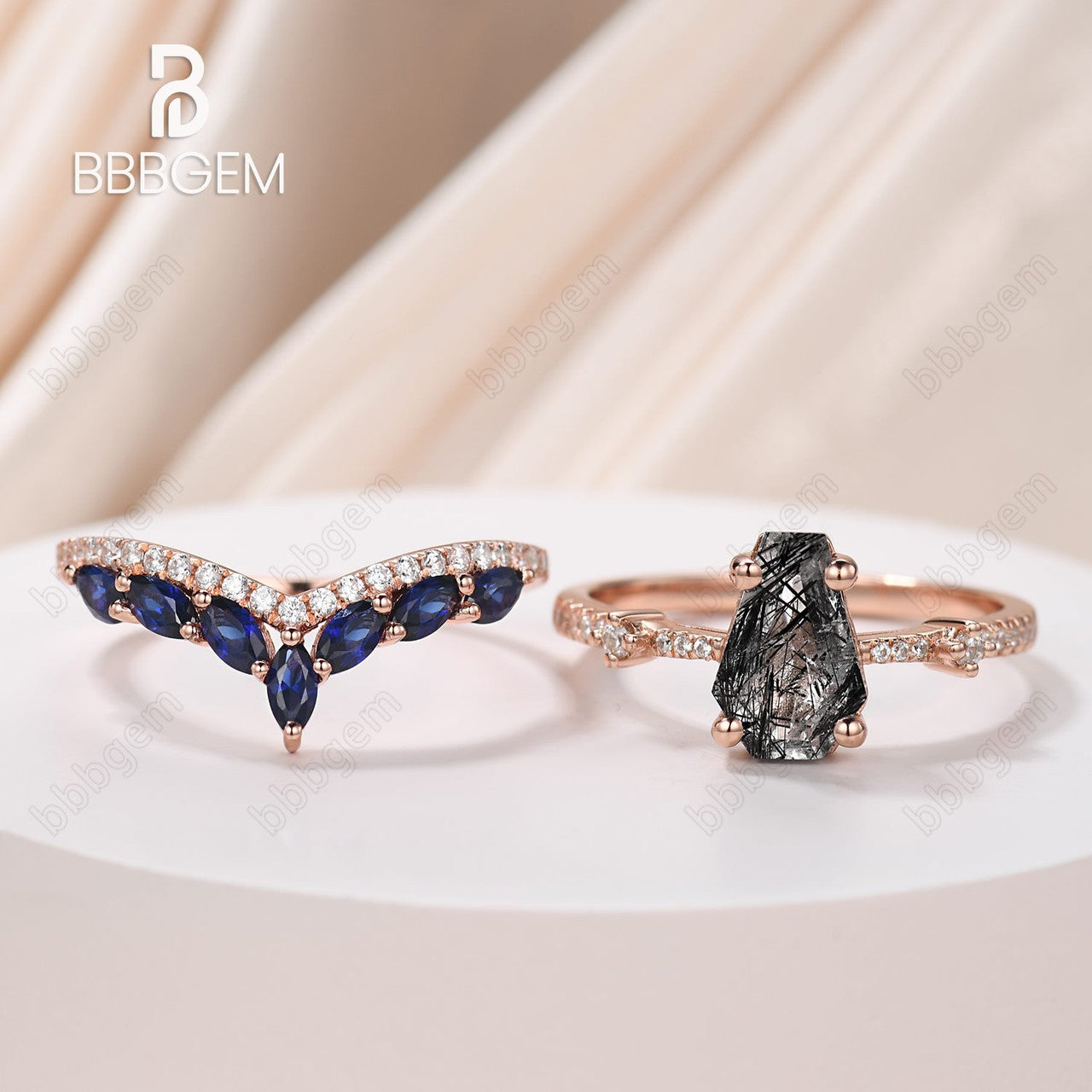 Gothic Black Quartz Coffin Ring Set - Witchy Black Rutilated Quartz & Blue Sapphire Gemstone Jewelry in 18K White Gold for Dark Aesthetic, Gothic Fashion, and Witchy Occasions