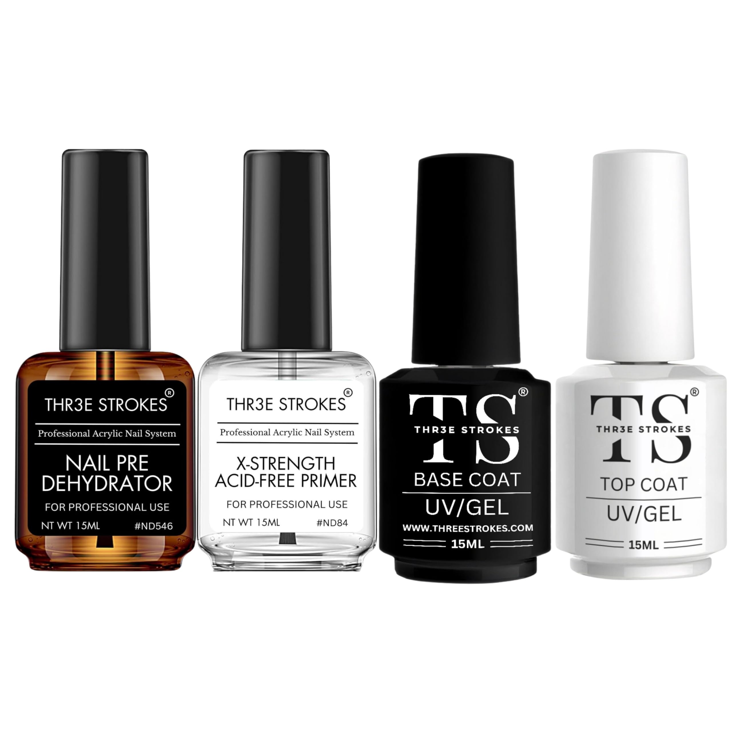 THR3E STROKES Nail Dehydrator & Primer Set with Gel Base & Top Coat - Acid-Free Acrylic Nail Supplies for Professional Manicures - Includes Primer, Glossy Gel Polish & Top Coat Starter Kit (15ML X 4) - Perfect for Salon & Home Nail Art (UV Lamp Required)