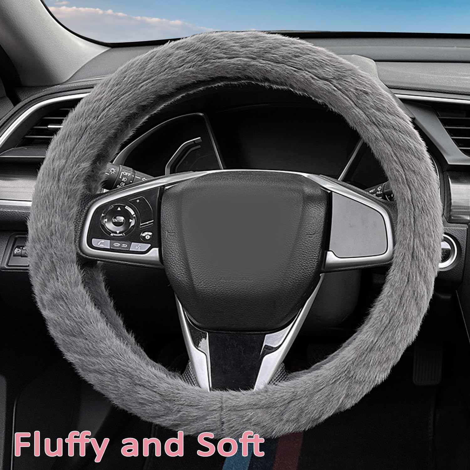 Fluffy Plush Steering Wheel Cover for Women - Soft, Non-Slip & Winter Warm Universal Fit 14-15 Inch (Grey) - Perfect for Cold Weather Driving & Car Interior Decoration