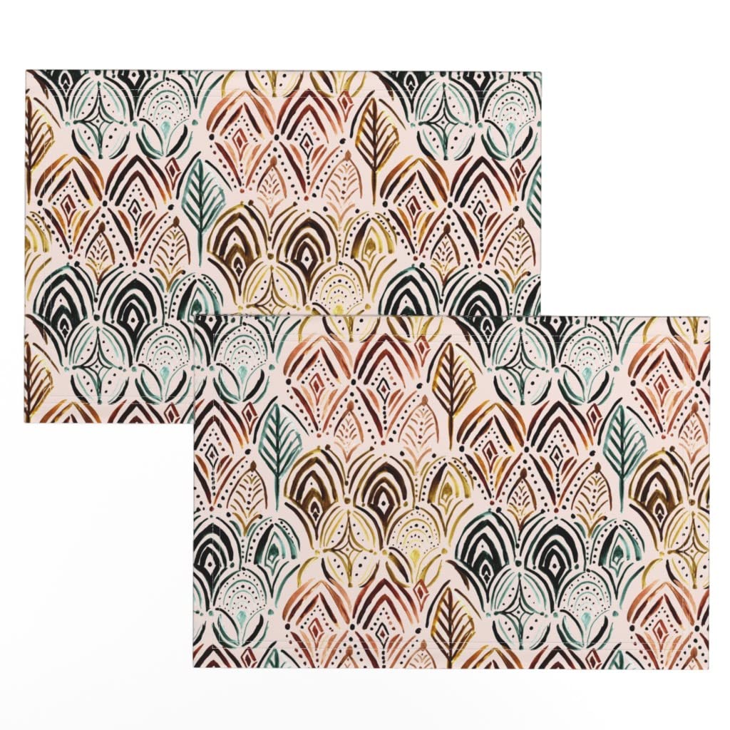 Boho Feather Print Linen Cotton Canvas Placemats Set of 2 - Vintage Bohemian Scalloped Table Mats for Dining, Kitchen Decor & Entertaining - Mermaid Blush Design Washable Fabric Place Settings
