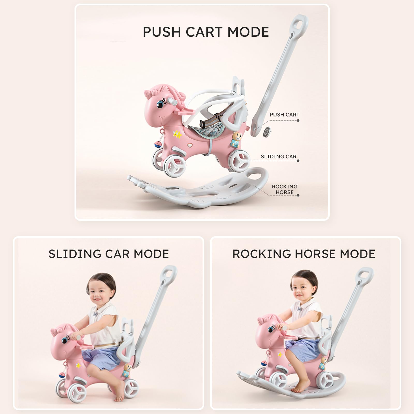 Wooden Rocking Horse for Toddlers 1-3 Years Old - Safe Baby Rocking Toy with Push Handle, Adjustable Backrest & Removable Balance Board - Perfect Riding Toy Gift for Boys & Girls - Ideal for Indoor Play, Nursery Decor, and Birthday Presents