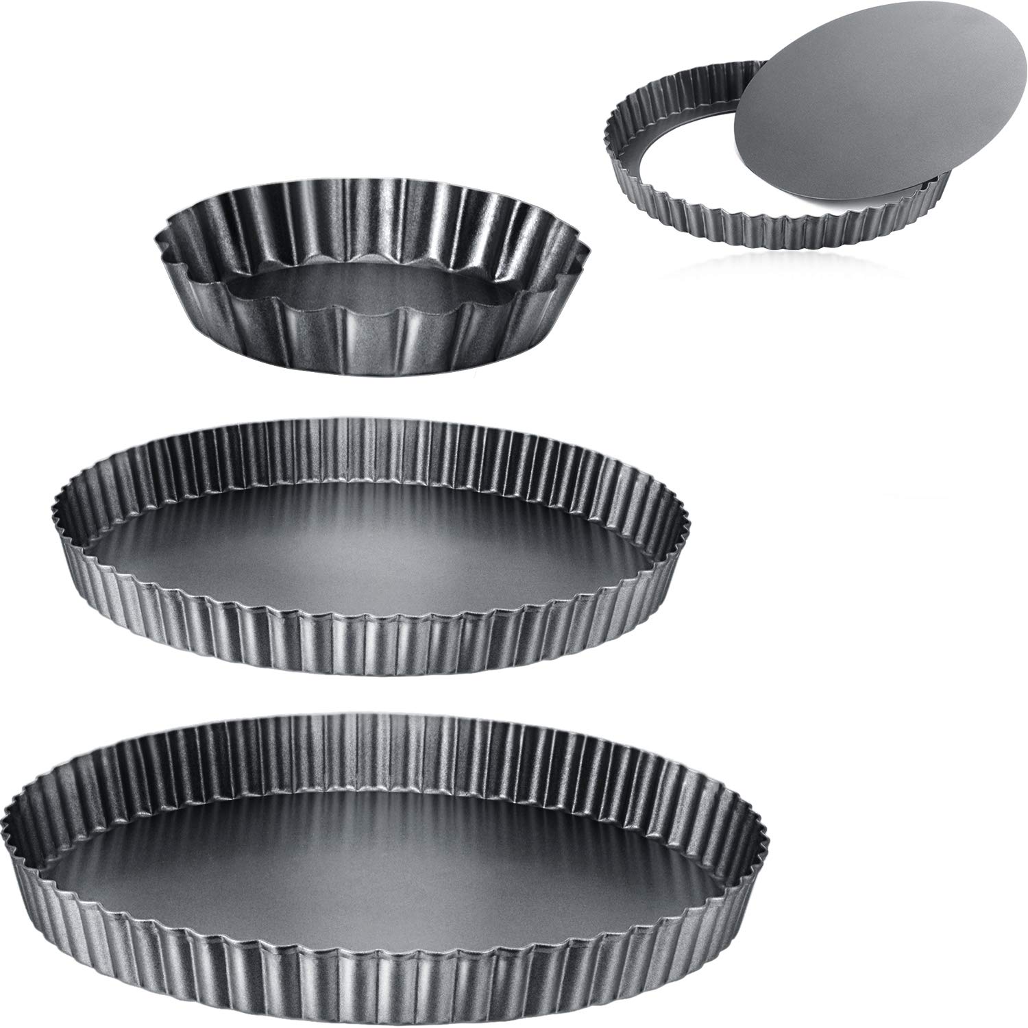 Boao 3-Piece Nonstick Carbon Steel Tart Pans Set - 4/9/10 Inch Round Removable Bottom Quiche & Pie Pans for Baking Cakes, Desserts, Pizza | Perfect for Home Baking, Professional Kitchens & Holiday Cooking
