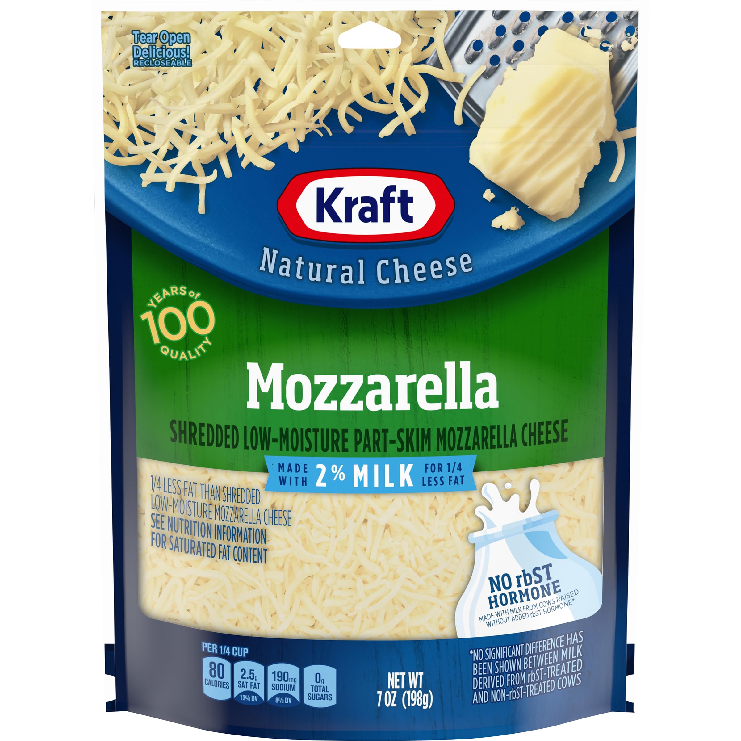 Kraft Natural Shredded Mozzarella Cheese with 2% Milk - 7 oz Resealable Bag | Perfect for Pizza, Pasta & Italian Recipes | Low Moisture Part-Skim Cheese for Melting & Cooking