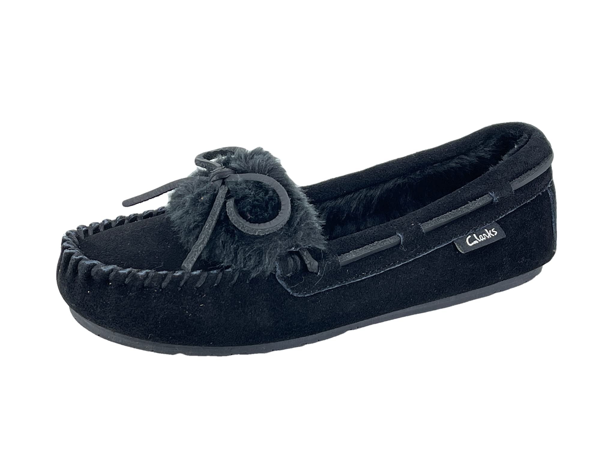 Clarks Women's Folded Tongue Suede Leather Moccasin Slippers ICH30746C - Plush Faux Fur Lined Indoor/Outdoor House Shoes - Comfortable Casual Footwear for Women at Home, Office & Travel