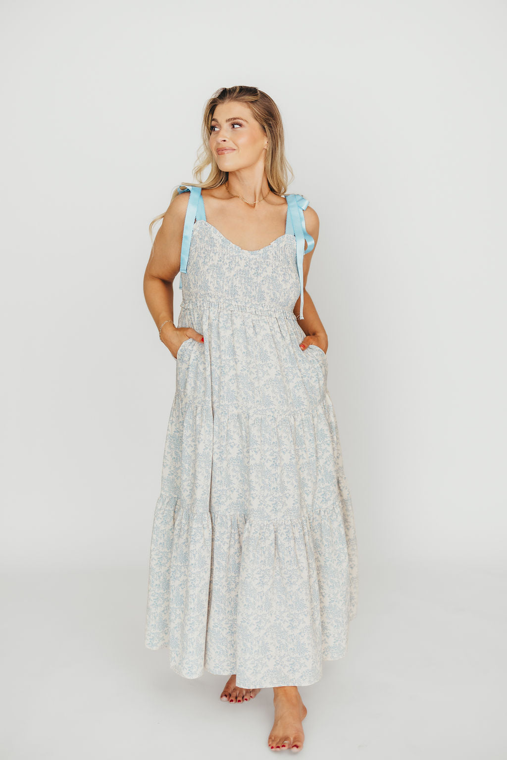 Lottie Blue Floral Tiered Maxi Dress - Women's Summer Boho Beach Dress for Vacation, Wedding & Party Wear