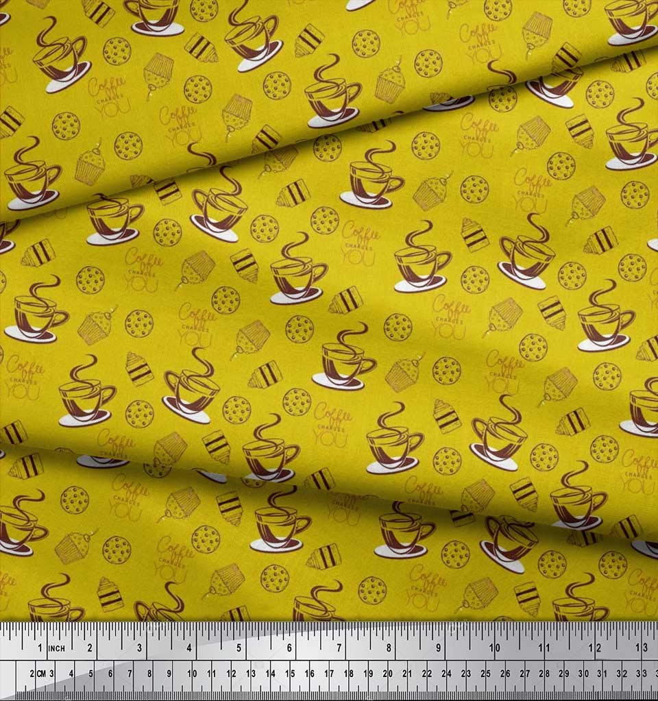 Soimoi Japanese Crepe Yellow Fabric by The Yard - 42 Inch Wide - Coffee, Cookies & Cupcake Print Textile - Soft & Sweet Design for DIY Fashion, Home Decor, Quilting & Craft Projects
