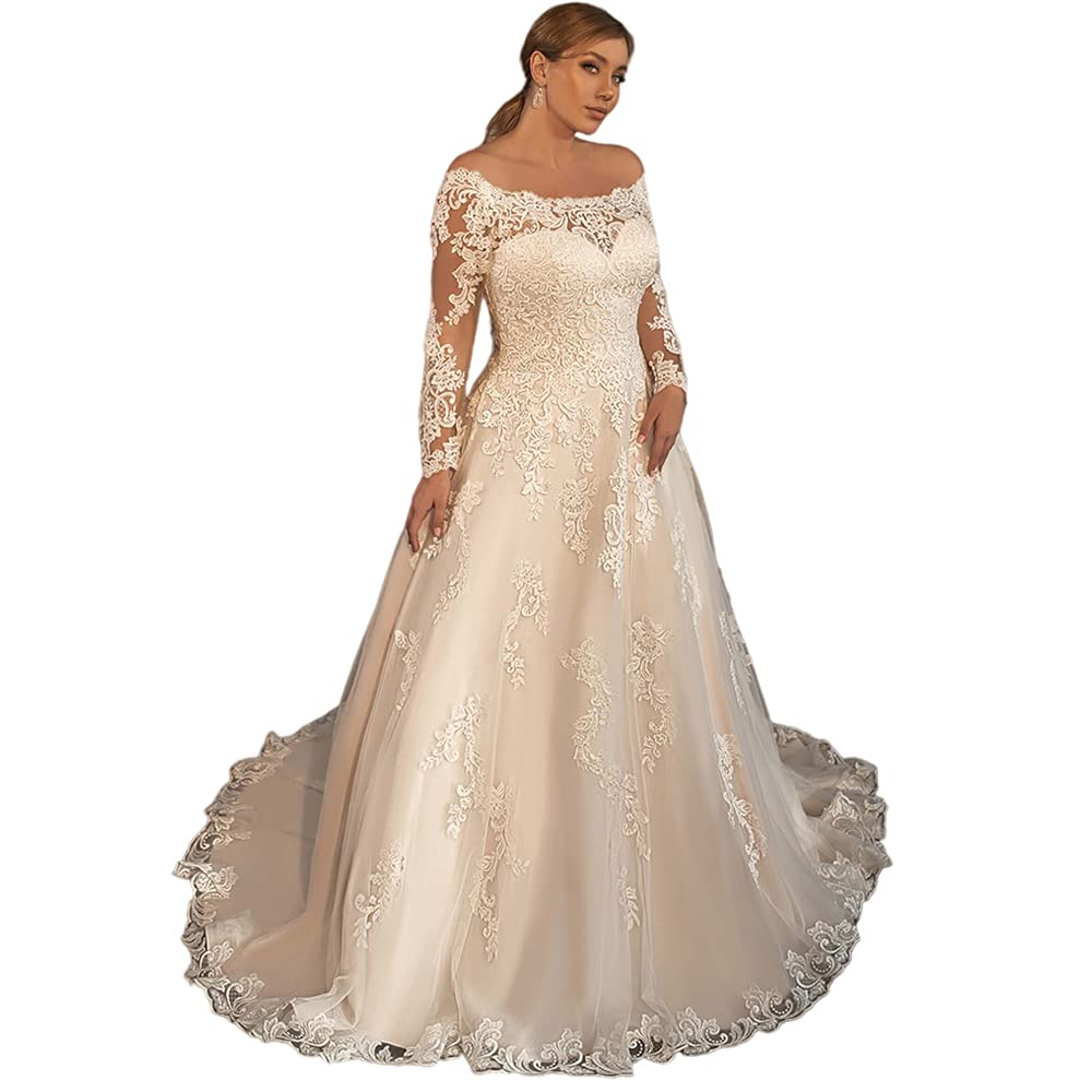 XYAYE Long Sleeve Lace Wedding Dress for Bride - Off Shoulder Puffy Tulle Bridal Gown for Women | Perfect for Church Ceremony, Beach Wedding & Romantic Photoshoot