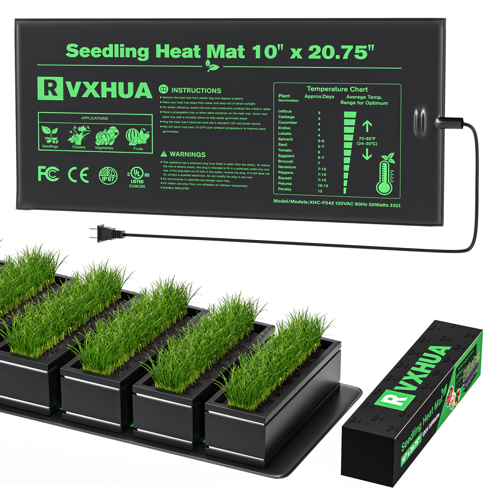 10 x 20.75 Inch Waterproof Seedling Heat Mat - Fast Germination Plant Heating Pad for Indoor Seed Starting, Greenhouse, Hydroponics, Terrariums & Reptile Habitats (1 Pack) - Perfect for Year-Round Gardening & Pet Care