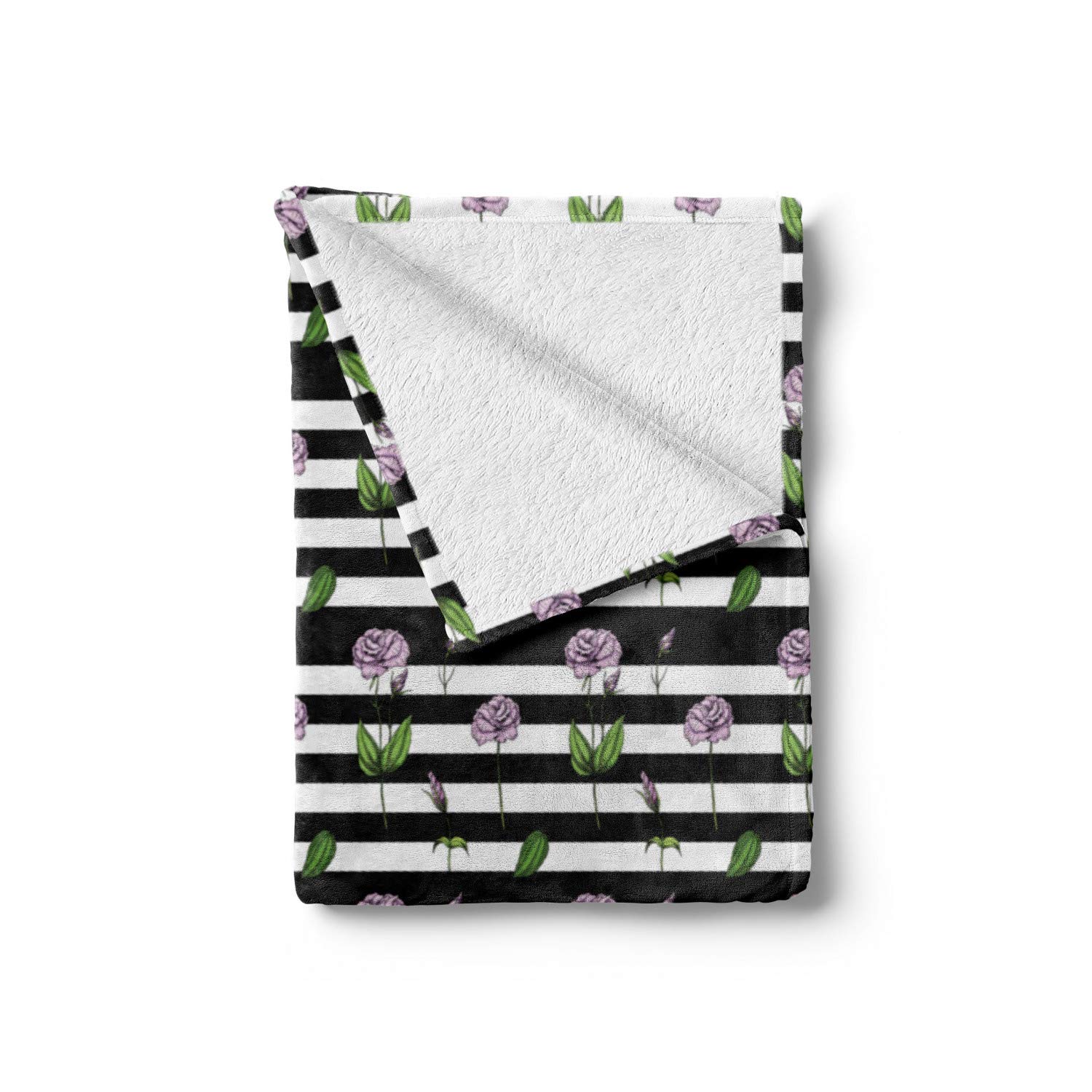 Ambesonne Flannel Fleece Throw Blanket - Pink Rose Flowers on Black & White Striped Design, Soft Accent Blanket for Couch, Bed & Sofa, 50