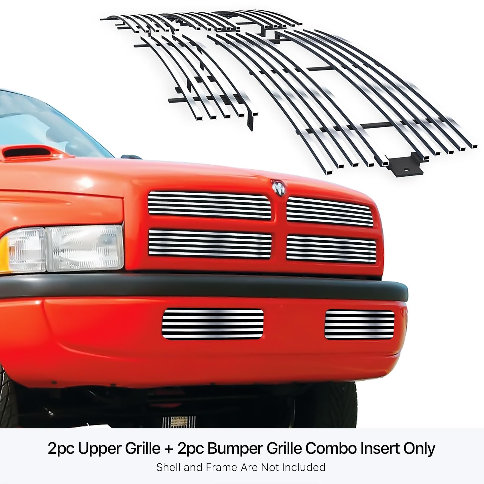 1994-2001 Dodge Pickup Truck Chrome Bumper & Billet Grille Combo | Durable Stainless Steel Front Grill Insert | Perfect for Restoration & Off-Road Upgrades (Model D87914S)