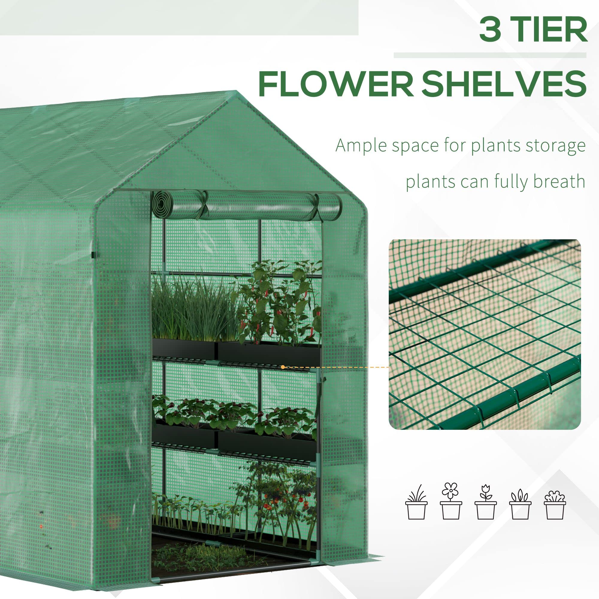 Outsunny 7' x 5' x 6' Walk-in Greenhouse for Outdoor Gardening with Mesh Door, 18 Shelves & Trellis - UV Protected Plant House for Growing Flowers, Herbs, Vegetables & Saplings | Perfect for Backyard, Patio & Small Garden Spaces