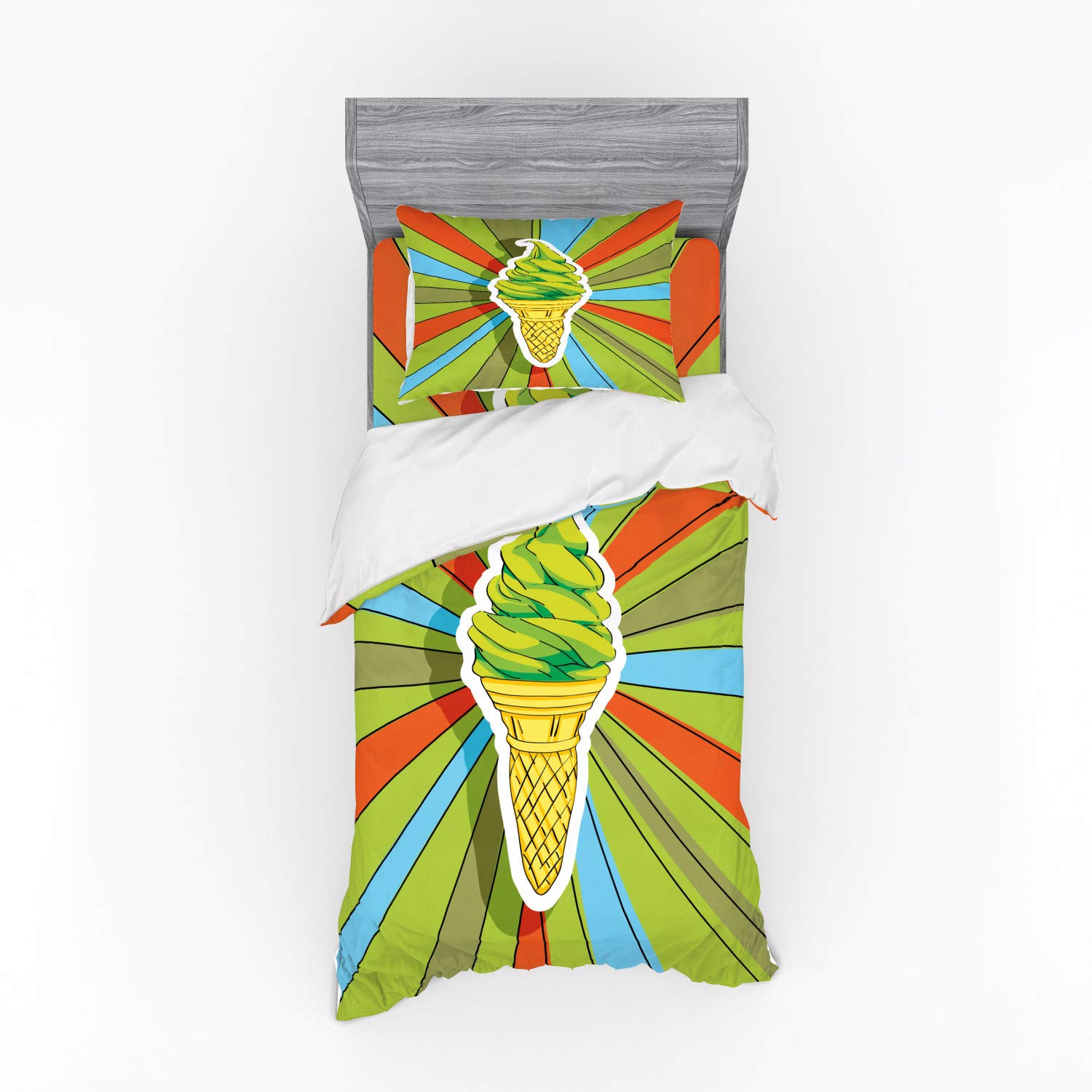 Ambesonne Hand-Drawn Ice Cream Cone Duvet Cover Set - 3 Piece Twin XL Bedding with Sham & Fitted Sheet in Lime Green & Multicolor | Vibrant Art Bedding for Kids Rooms, Teen Bedrooms & Dorm Decor
