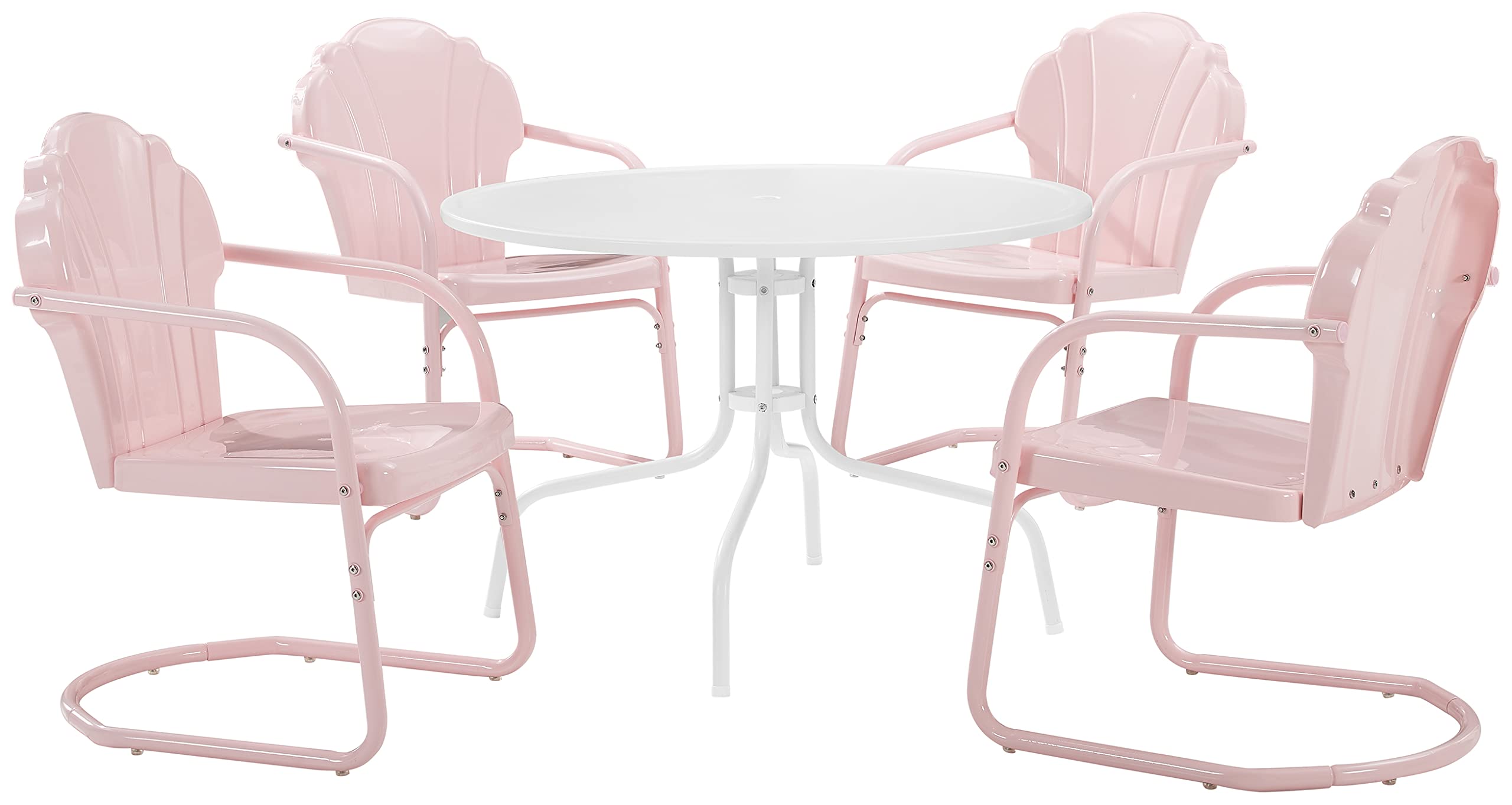 Vintage Tulip 5-Piece Outdoor Dining Set - Retro Metal Round Patio Table with 4 Chairs for Deck, Garden & Backyard - Pastel Pink Gloss Finish - Perfect for Outdoor Entertaining & Relaxation