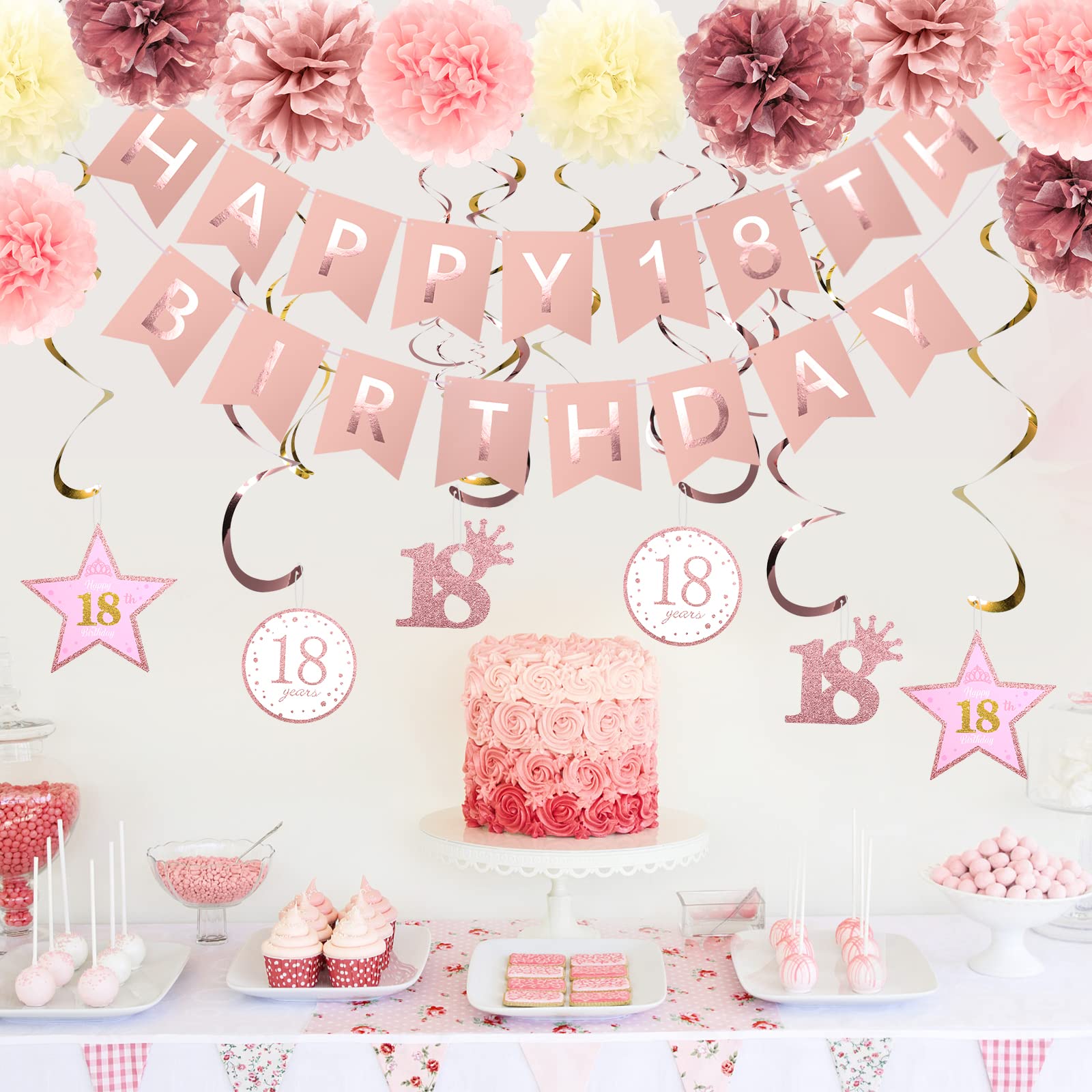 Rose Gold 18th Birthday Party Decorations Kit - Glittery Happy Birthday Banner, Pom Poms & Sparkling Hanging Swirls for Sweet 16, 18th, 21st Birthday Celebrations | Perfect for Balloons, Cake Tables & Photo Backdrops