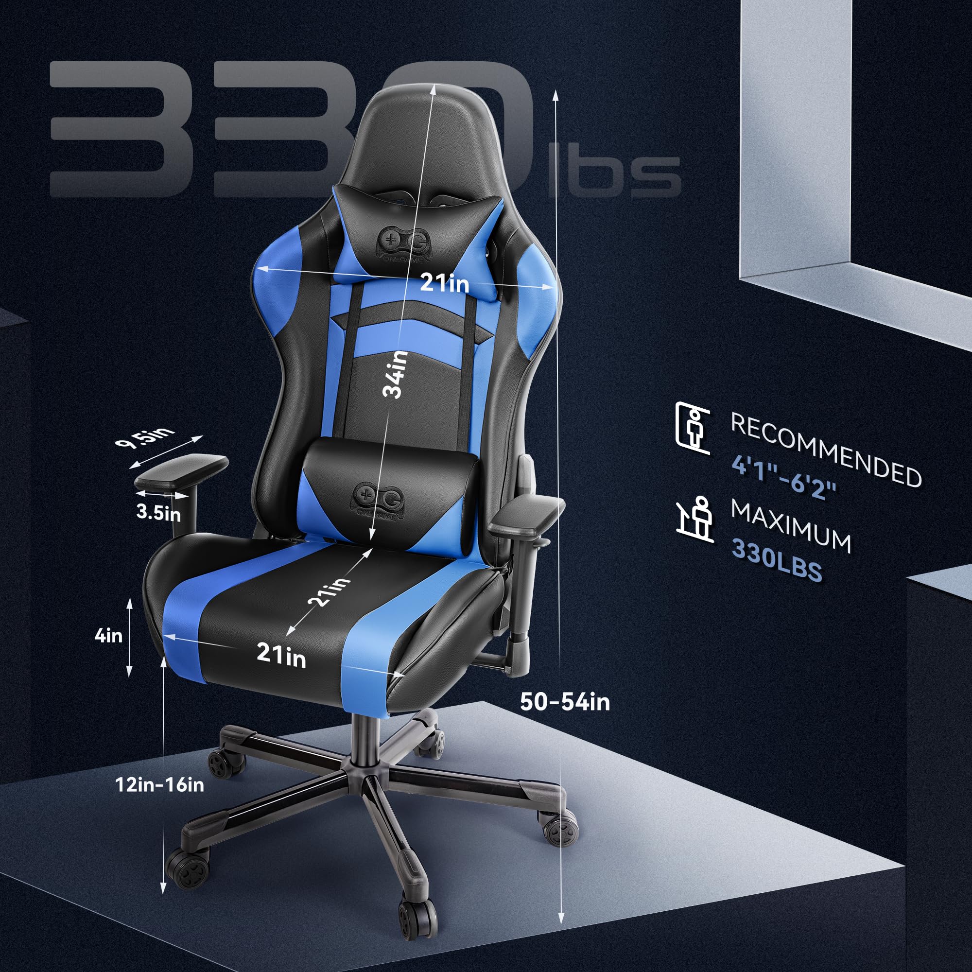 OneGame Ergonomic Gaming Chair for Adults - Big and Tall Computer Office Chair with Adjustable Height, Reclining Backrest, Headrest & Lumbar Support - Black & Blue - Perfect for PC Gaming, Esports, and Home Office Workstations