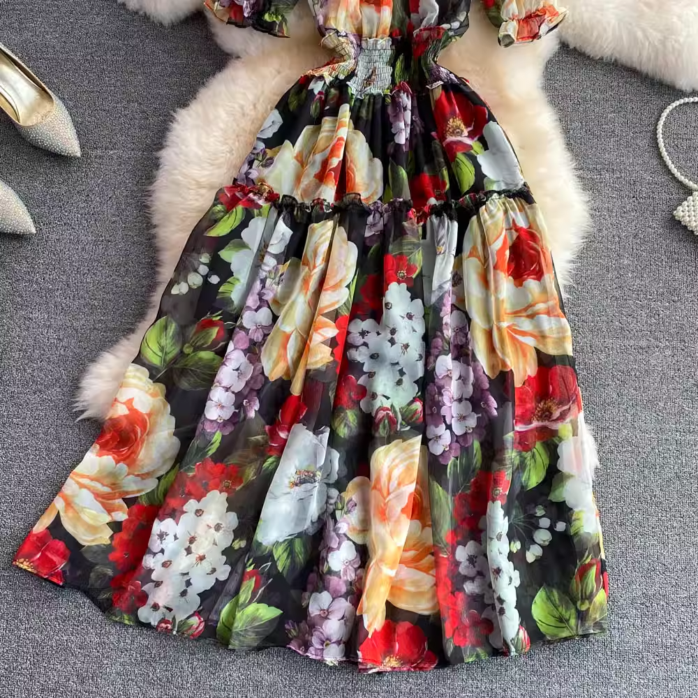 Off The Shoulder A-Line Printed Chiffon Dress for Women - Flowy Summer Party Cocktail Dress with Floral Pattern | Perfect for Beach Weddings, Date Nights & Special Occasions