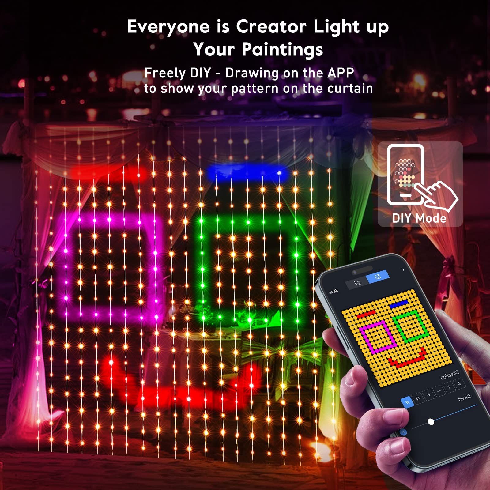 Brightown Smart Curtain String Lights - 400 LED App Controlled Fairy Lights with Music Sync & Remote, DIY Programmable Patterns & Text for Valentine's Day, Christmas, Wedding, Party - Perfect for Indoor & Outdoor Holiday Decorations, Bedroom, Garden, Patio, and Special Events Lighting