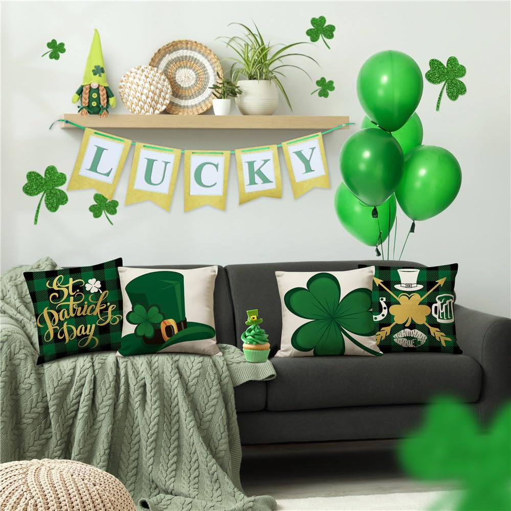 St. Patrick's Day Pillow Covers 18x18 Inch - 4 Pack Shamrock & Lucky Clover Throw Pillow Cases with Green Buffalo Plaid - Farmhouse Decor for Sofa, Couch, Bed - Perfect for Spring Home Decor & Irish Themed Parties