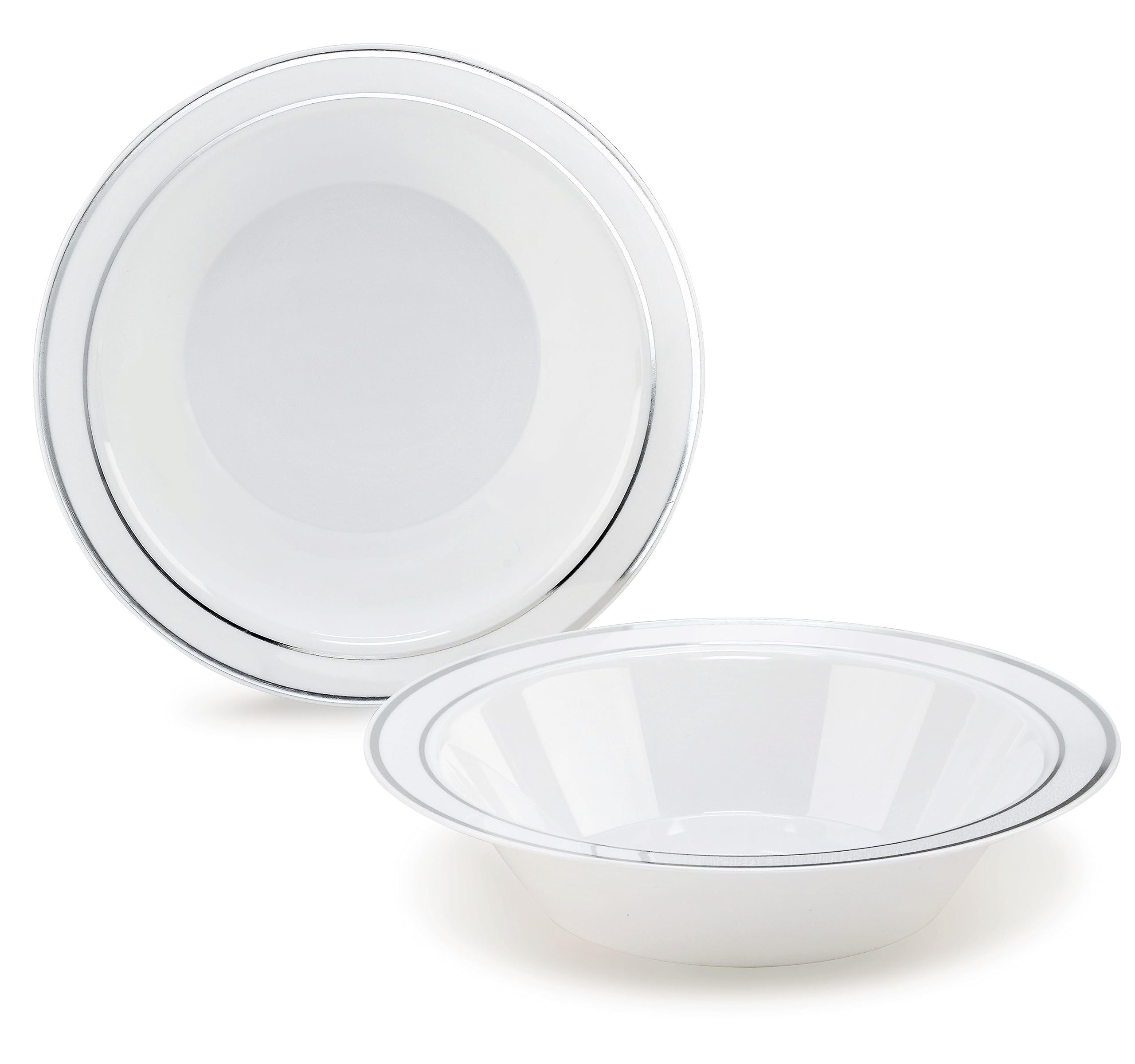 240 Pack Heavyweight Disposable Plastic Bowls - 14 oz White & Silver Rim Wedding Party Soup Bowls | Perfect for Catering, Picnics, BBQs & Large Events