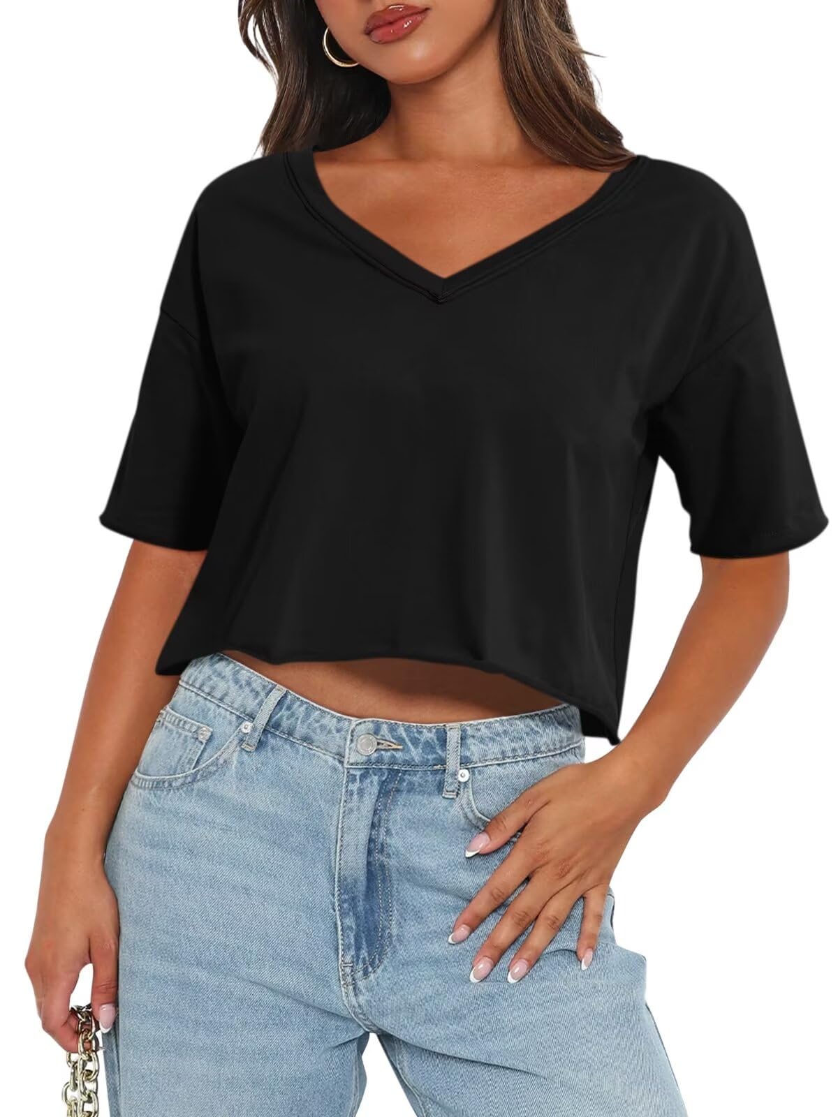 Women's Oversized V-Neck Crop Top - 100% Cotton Short Sleeve Boxy Tee for Workout & Casual Wear | Trendy Spring Summer 2025 T-Shirts for Gym, Yoga, Beach & Everyday Fashion