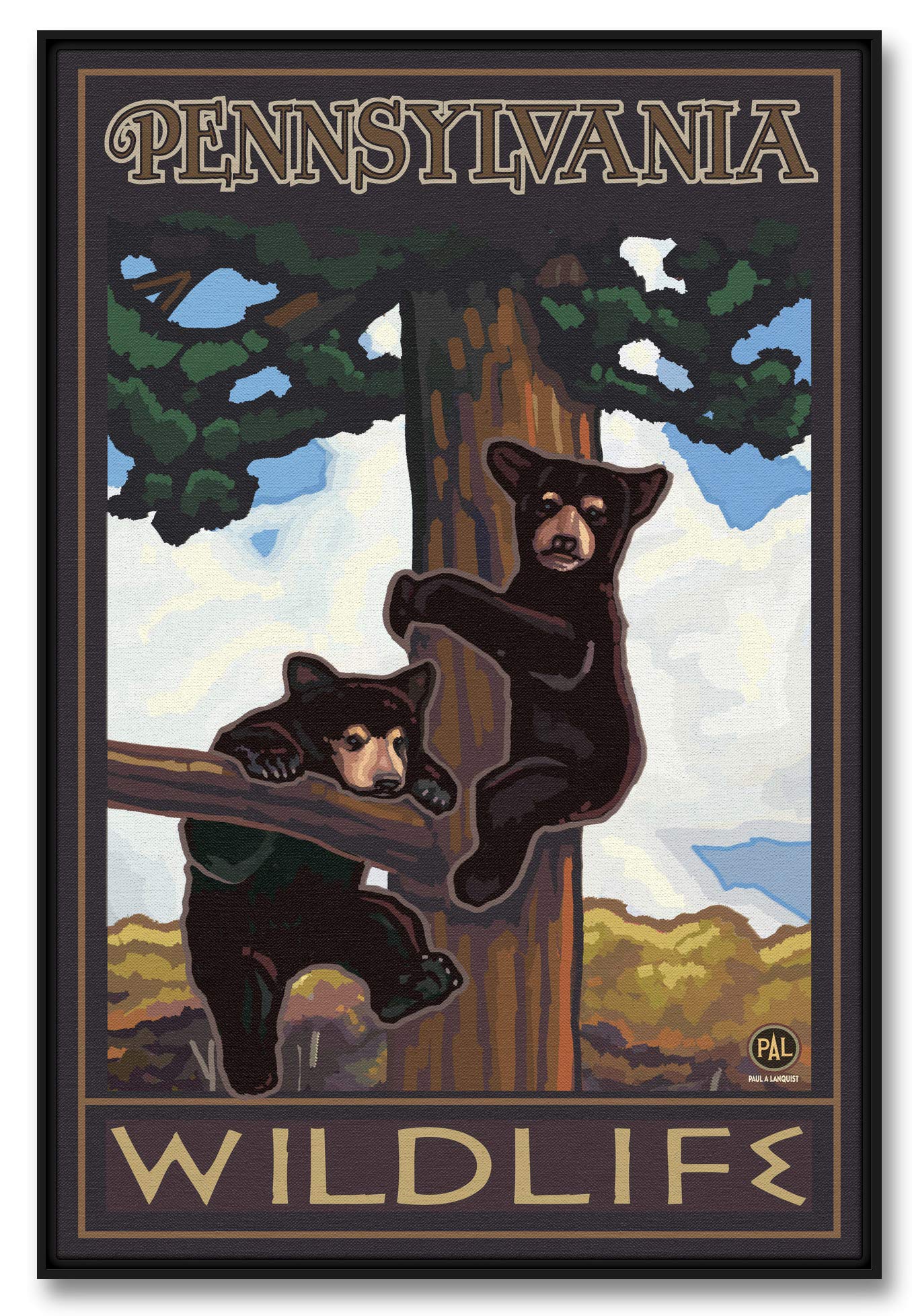Paul A. Lanquist Pennsylvania Two Bears Tree Framed Canvas Wall Art - 24x36 Inch Giclee Print for Living Room, Bedroom & Office Decor - Nature Landscape Painting for Home & Office Interior Design