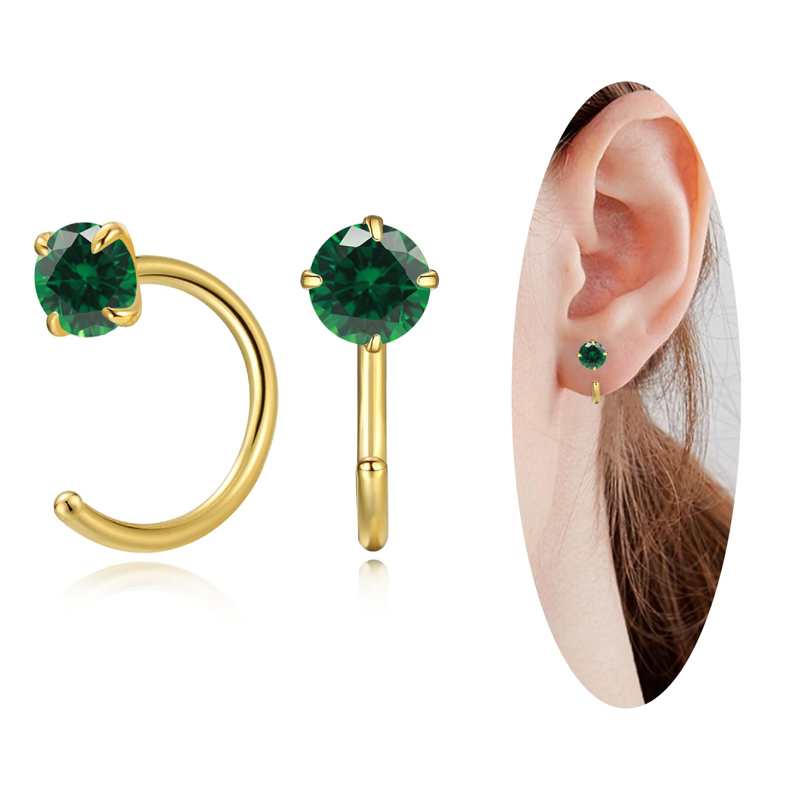 **14K Gold Small Hoop Earrings for Women - Tiny Cubic Zirconia Huggie Half Hoop Earrings | Hypoallergenic Trendy Jewelry for Girls | Simple Elegant Stud Earrings for Christmas, Birthday, Wedding & Everyday Wear (Green)**