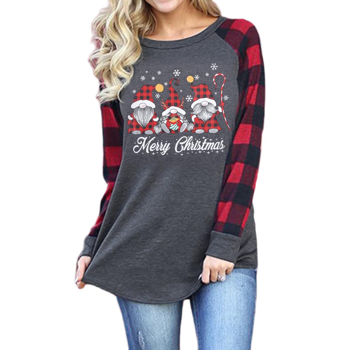 Women's Merry Christmas Shirts - Long Sleeve Plaid Raglan Graphic Tee for Holiday Movie Nights & Cozy Winter Gatherings