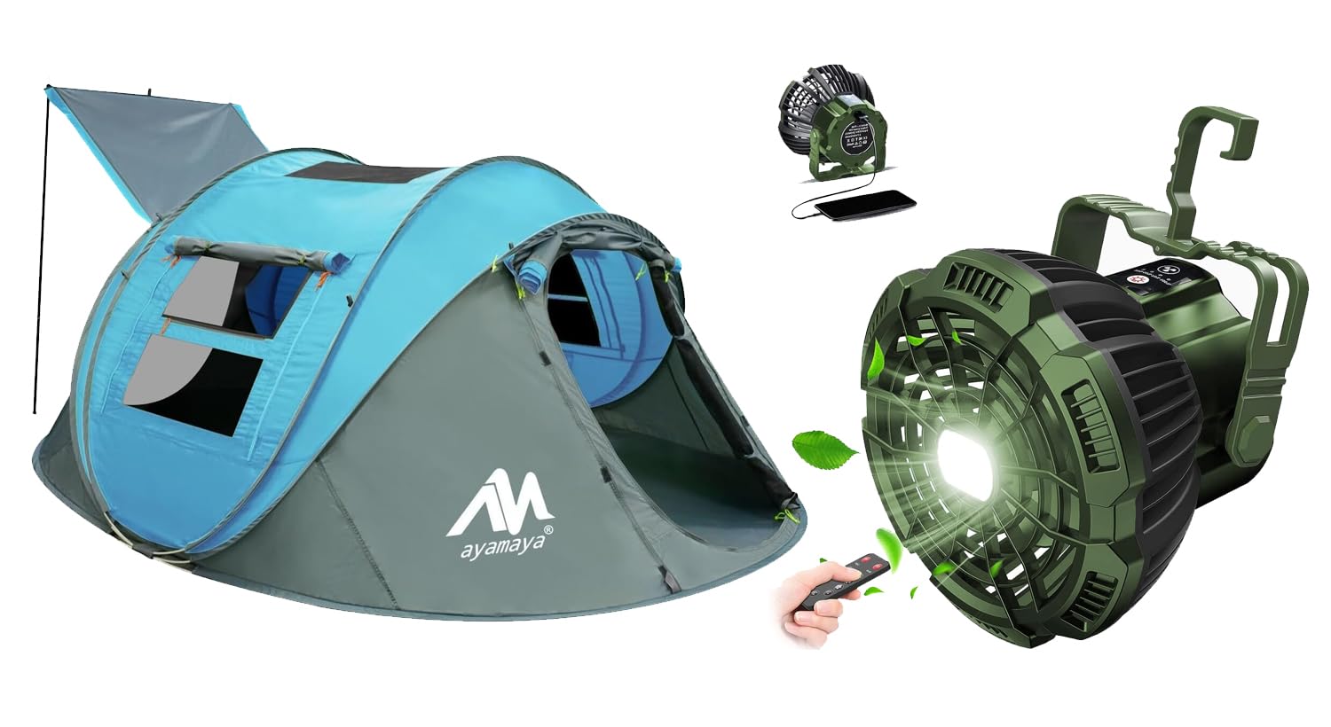 Portable Camping Fan with LED Lights & Remote Control + 4 Person Waterproof Pop Up Tent Set - Rechargeable Outdoor Gear for Camping, Backpacking, Hiking & Beach Trips