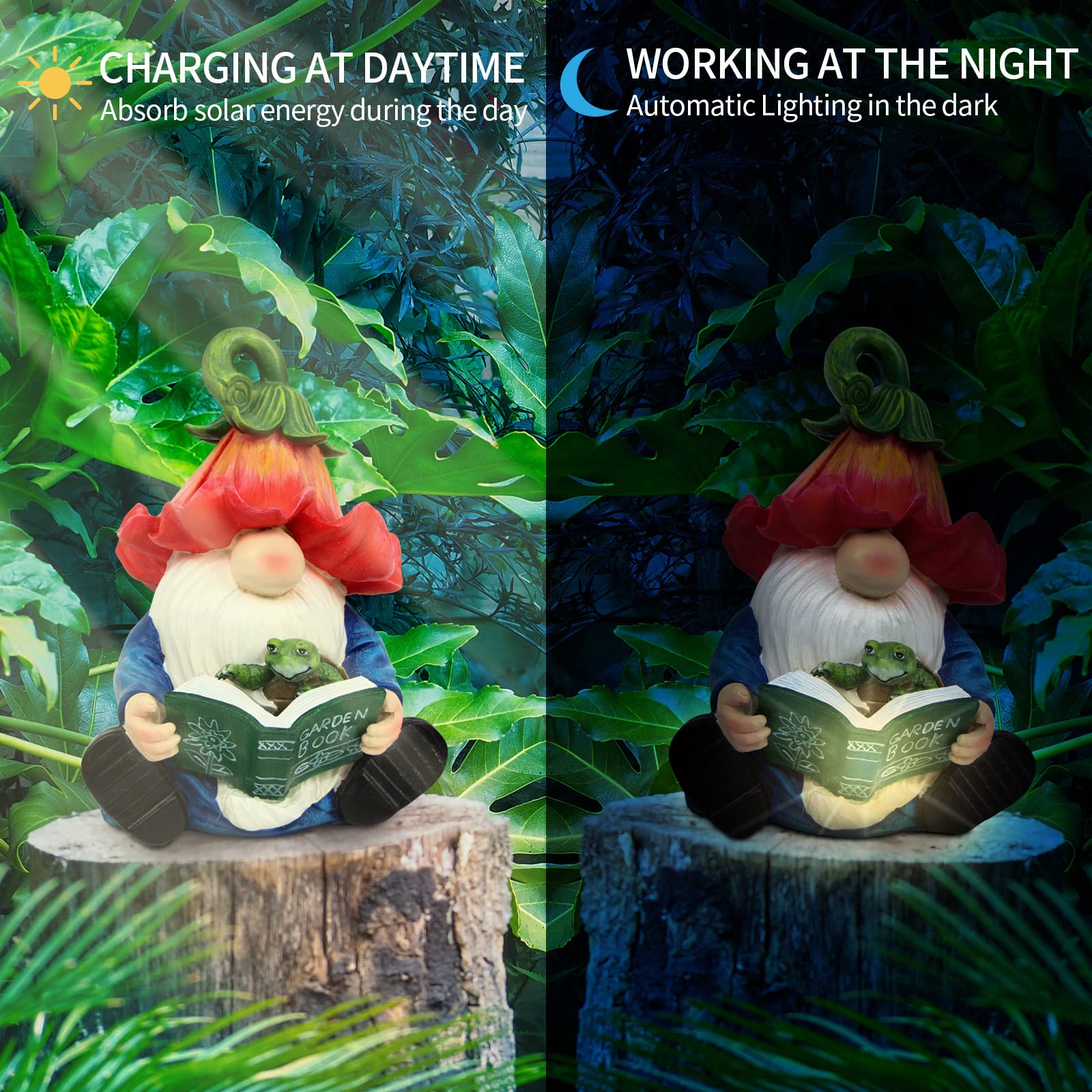 Solar LED Garden Gnome Statue - Resin Gnome Figurine Hugging Turtle Reading Book, Outdoor Decor for Patio, Yard, Lawn & Porch - Perfect Summer Garden Ornament Gift for Nature Lovers & Book Enthusiasts