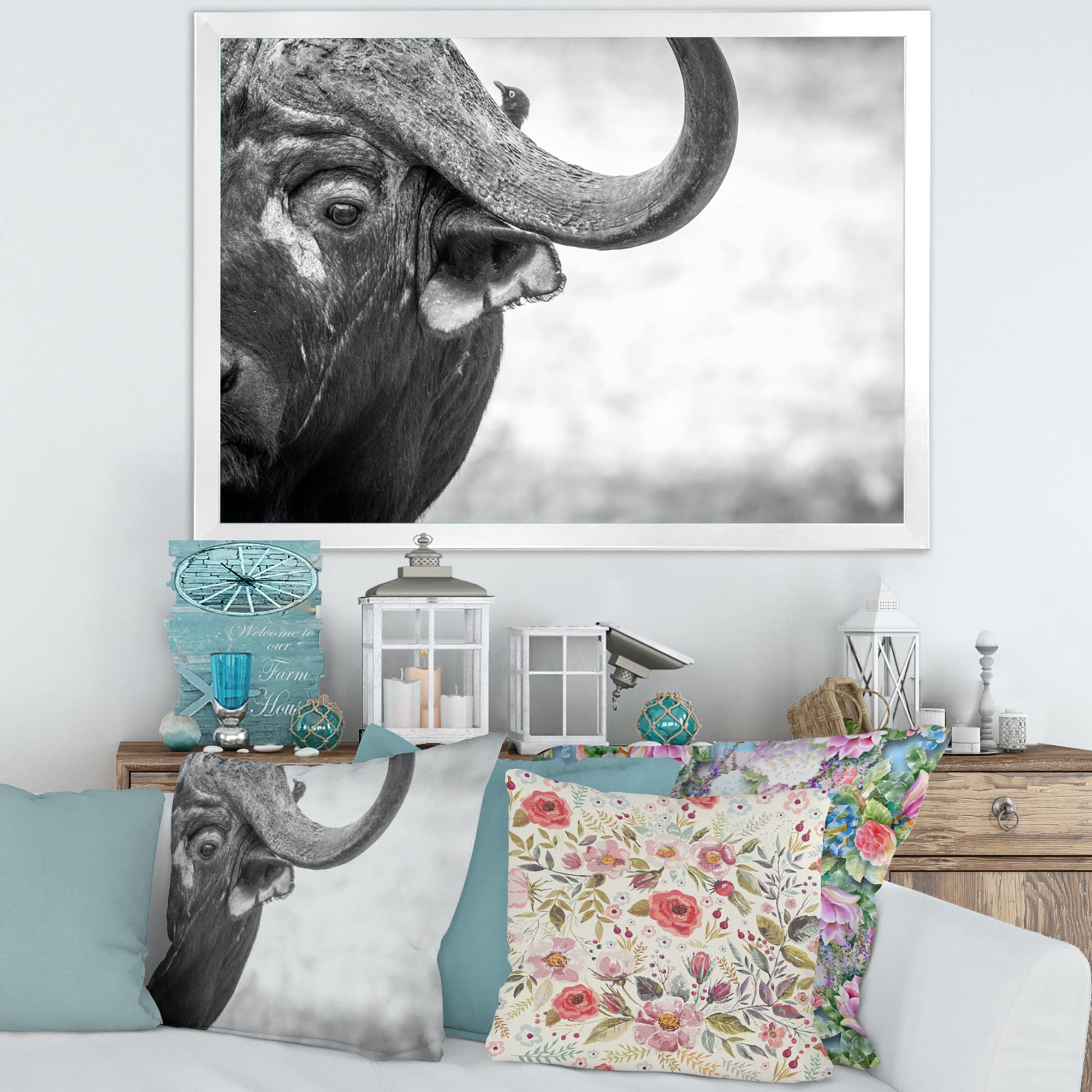 Buffalo III Farmhouse Framed Wall Art - Black & White Portrait Painting - Perfect for Living Room, Bedroom & Office Decor