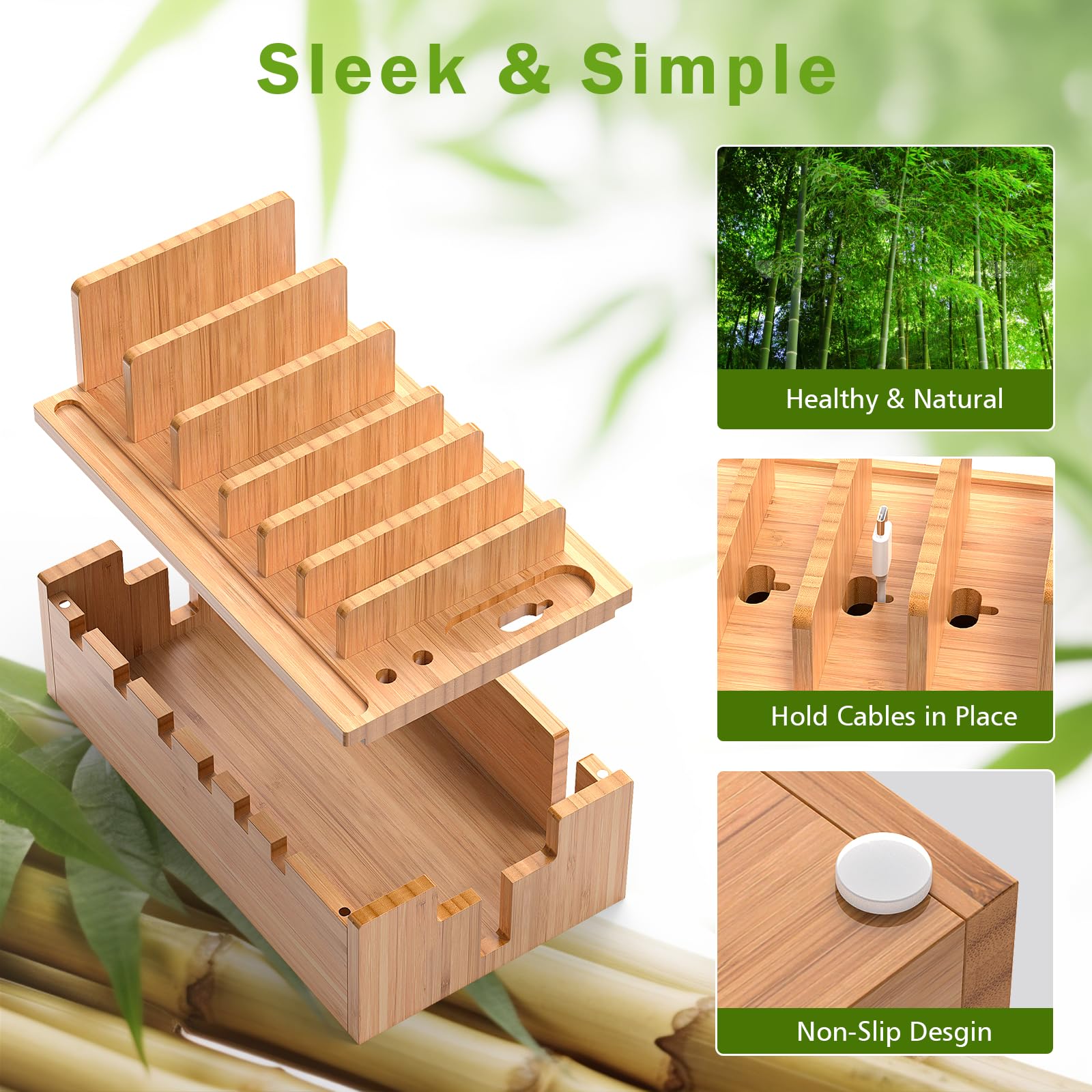Bamboo Charging Station with 5 USB Ports & Cables - Phone, Tablet, Watch Organizer for Office & Home