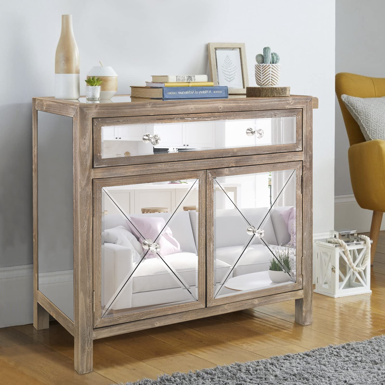 MTFY Modern Mirrored Nightstand with Drawer & Doors - Wood Accent Table with Smooth Mirror Finish for Bedroom & Living Room - Perfect for Storing Books, Lamps & Bedside Essentials