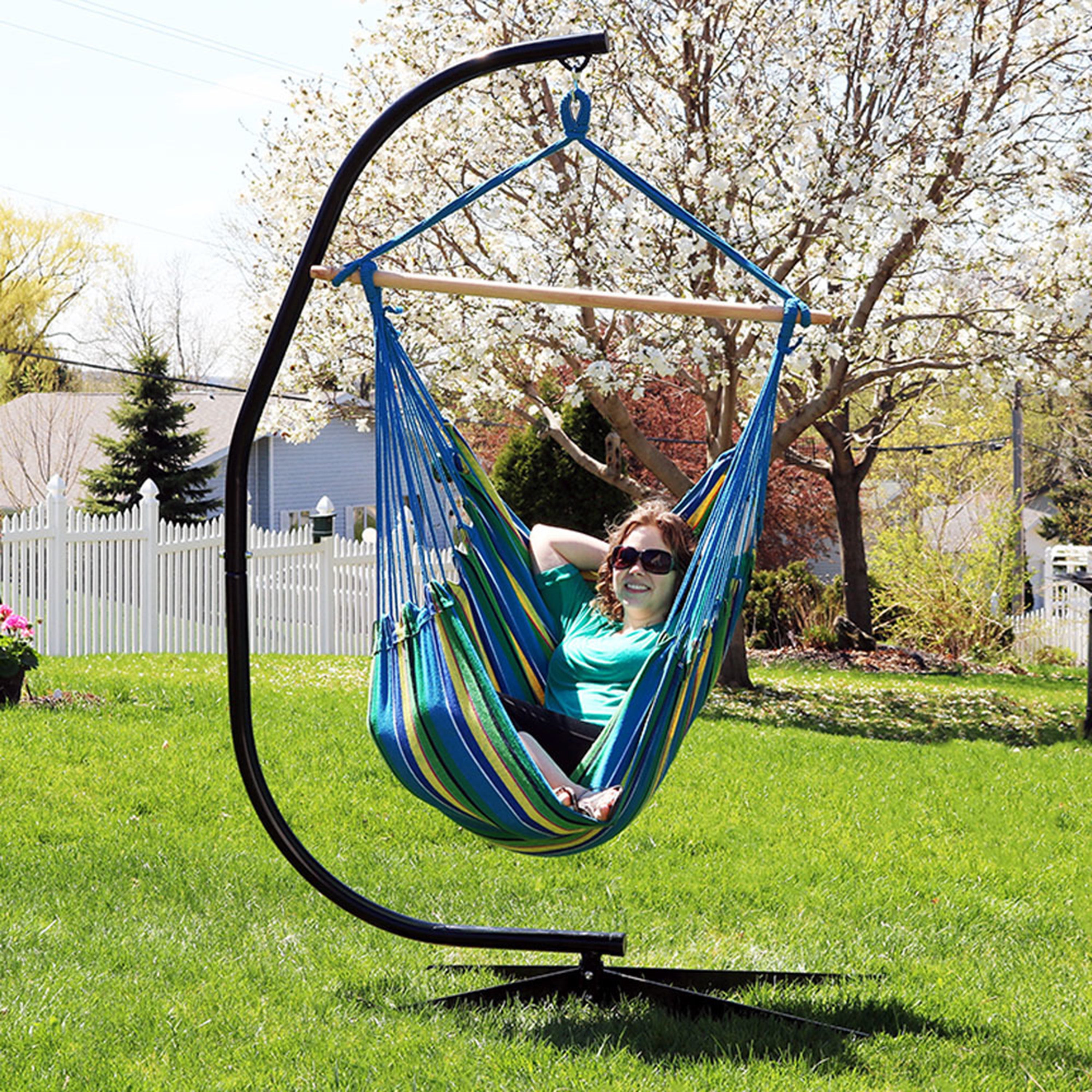 Sunnydaze Extra Large Outdoor Hanging Rope Hammock Chair Swing with C Stand - Ocean Breeze - Perfect for Backyard, Patio, Garden Relaxation & Reading Nook