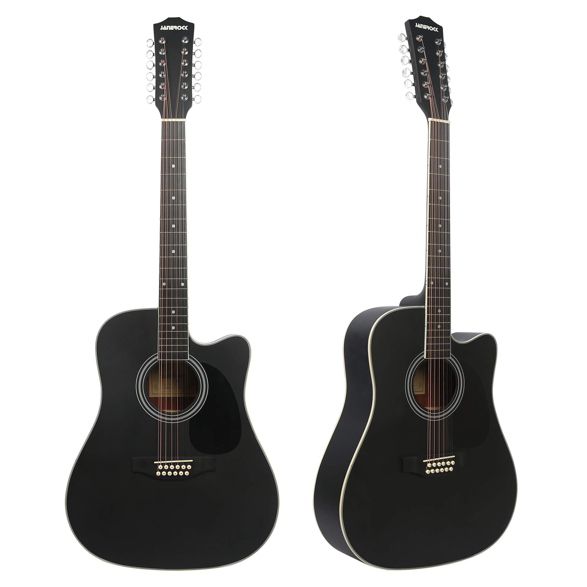 Janerock 12-String Acoustic Guitar with Cutaway - Full Size Bundle Includes Gig Bag, Tuner, Extra Strings, Strap & Picks (Black) | Perfect for Performances, Studio Recording & Traveling Musicians