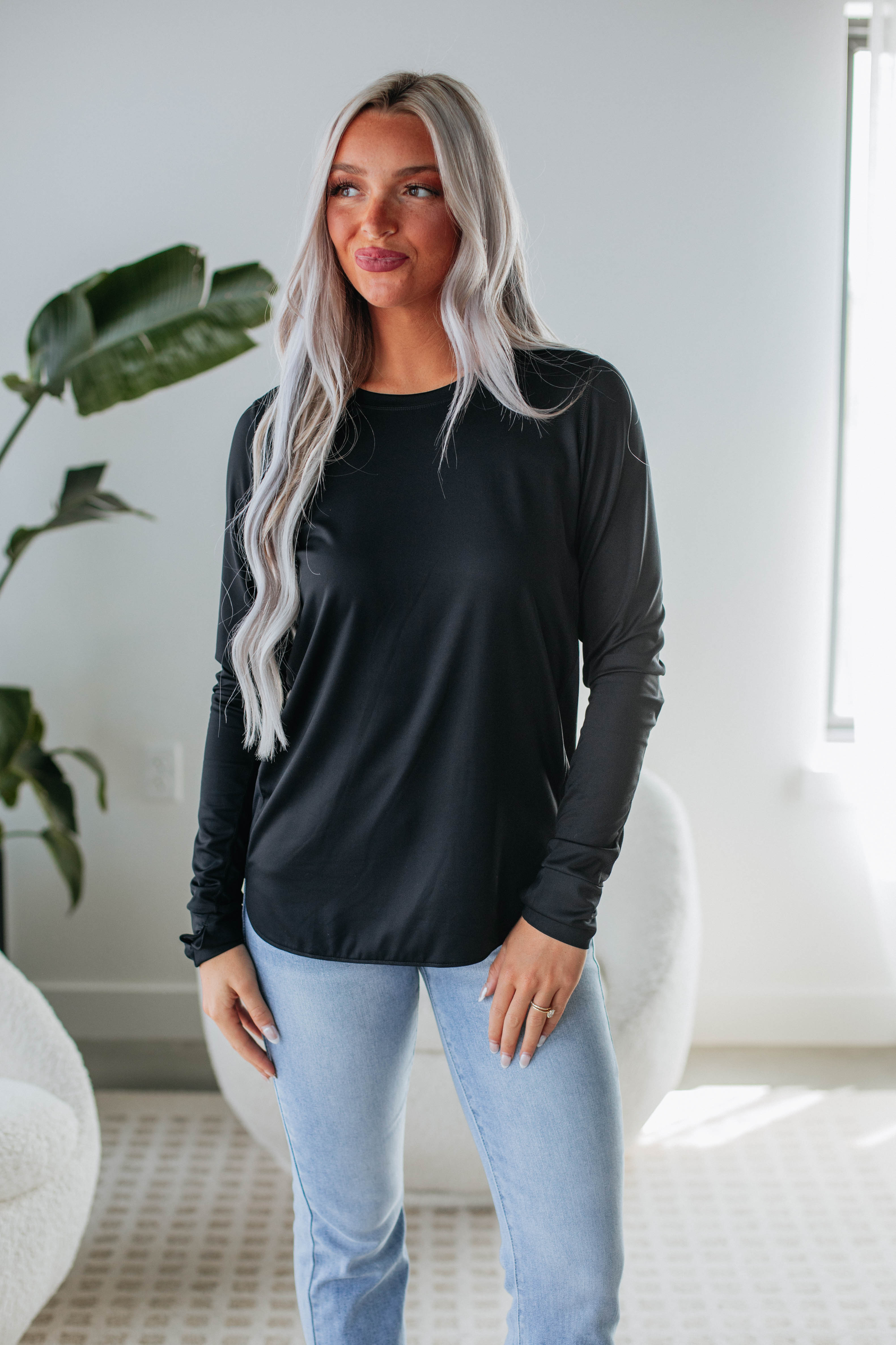 Allura Women's Long Sleeve T-Shirt - Soft Stretch Black Top for Casual Wear & Layering | Perfect for Work, Travel & Everyday Outfits