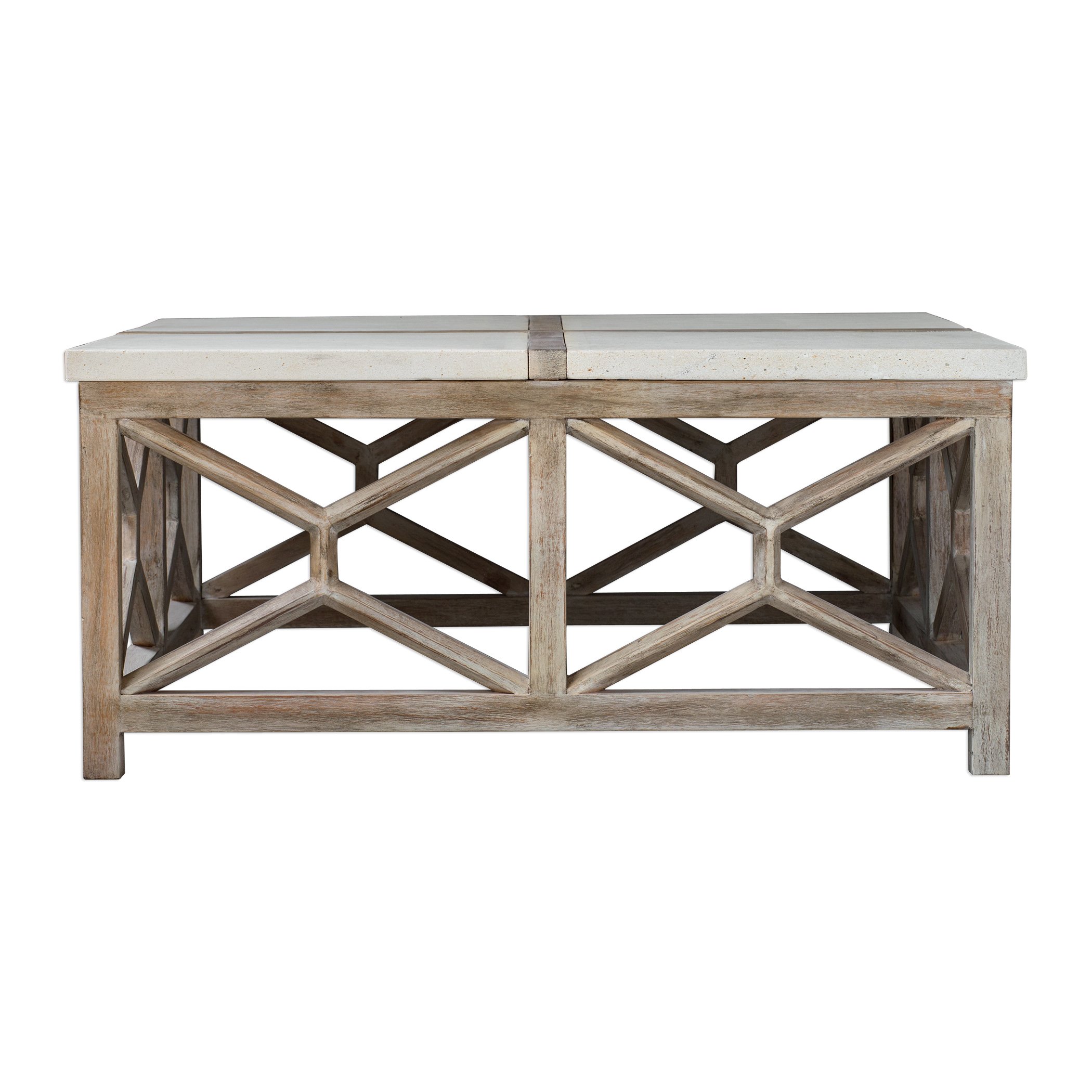 MY SWANKY HOME Light Weathered Wood Coffee Table with Stone Top - Natural Minimalist Square Design for Living Room, Lounge & Modern Home Decor