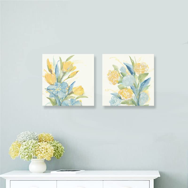 Light Blue and Yellow Floral Wall Art - Modern Aqua Yellow Flower Painting Print for Bathroom, Kitchen, Bedroom Decor - Set of 2 (12x12 Inches) - Perfect for Home, Office & Gift Giving